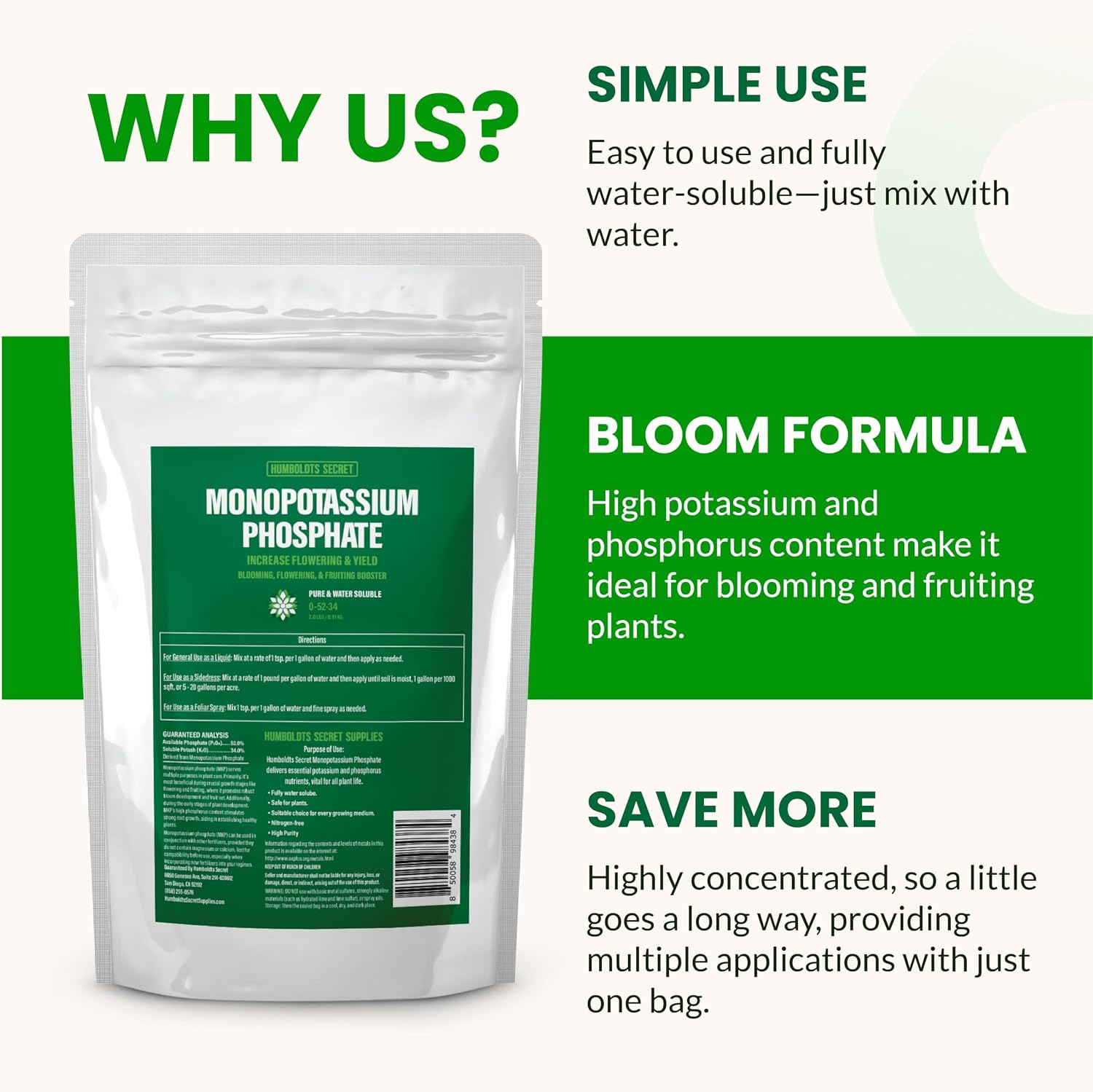Humboldts Secret Monopotassium Phosphate 0-52-34 | MKP Fertilizer Bloom Booster