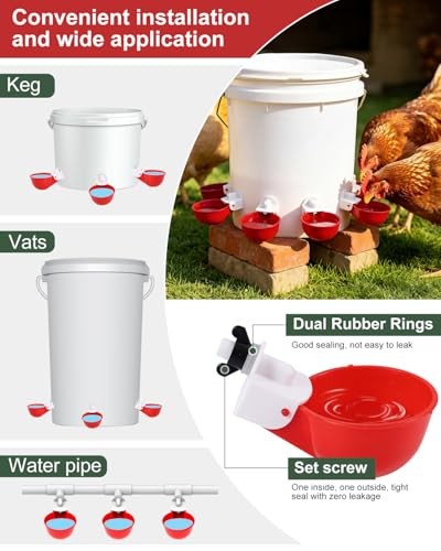 8 Pack Chicken Waterer Cups Automatic Poultry Drinker Kit with 3/8 Drill Bit Red