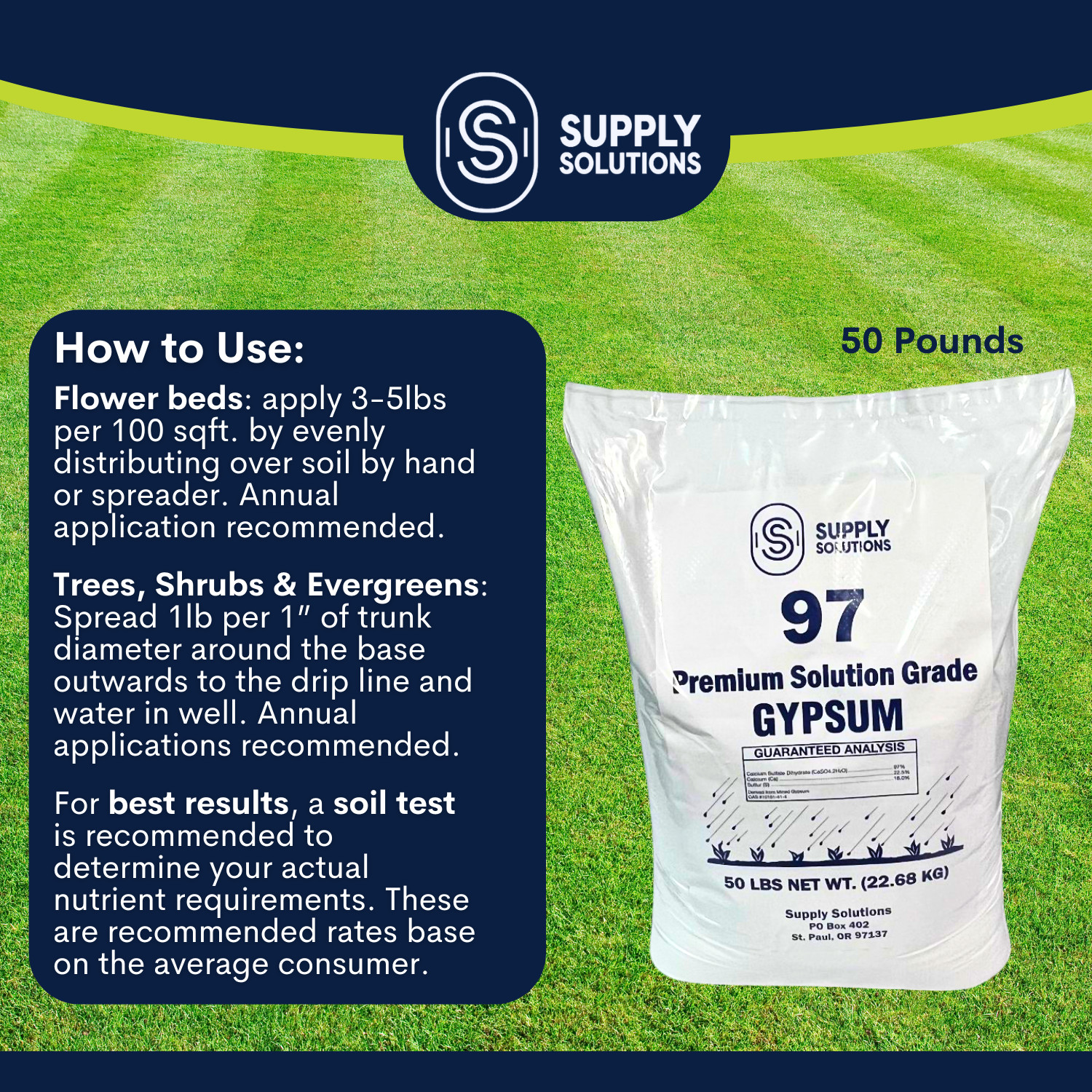 Premium 97 Solution Grade Gypsum – Organic Fast Acting Gypsum for Soil – 50 Lbs