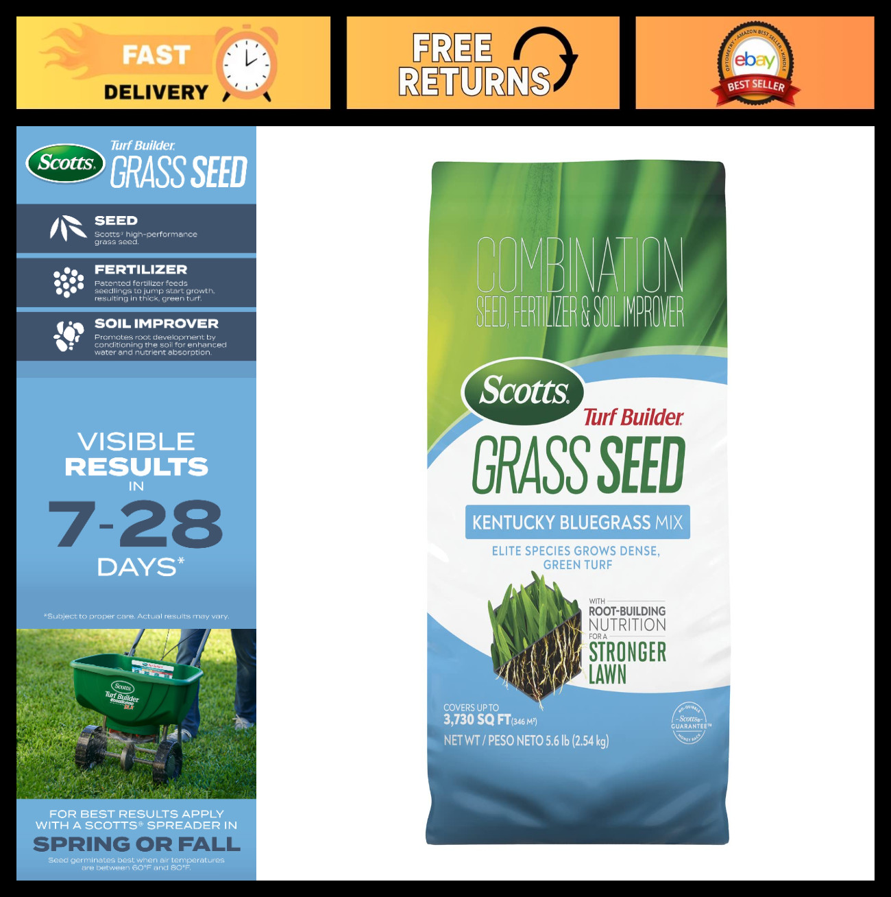 Kentucky Bluegrass Seed Mix 5.6 lbs – Fertilizer & Soil Improver for Lush Lawn,