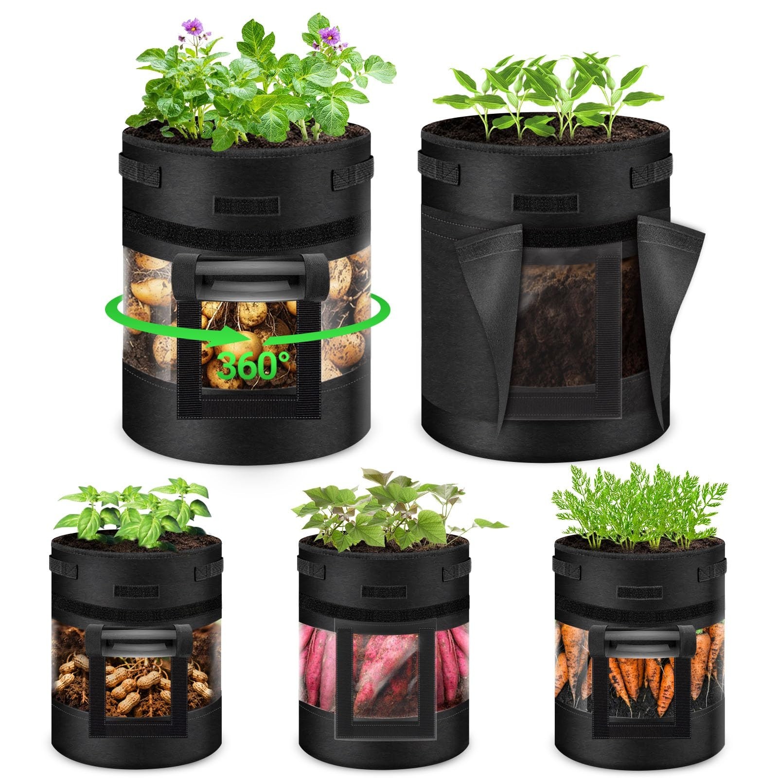 5 Pack 10 Gallon 360° Visible Potato Grow Bags with Shading Flap & Harvest