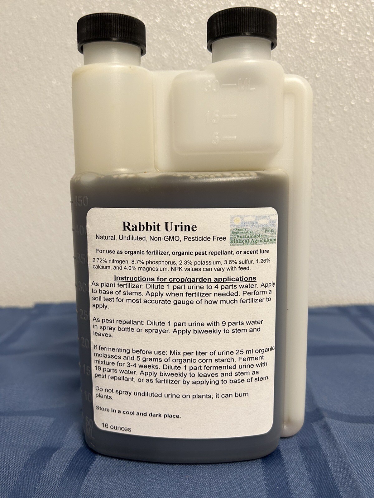 Rabbit Urine for organic fertilizer, organic pest repellent, scent lure 16 fl oz