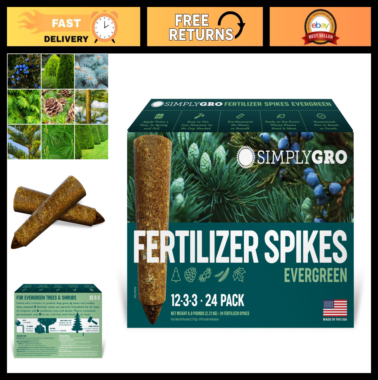 Evergreen Tree & Shrub Fertilizer Spikes – 24 Count, 6.0 lbs, Plant Food