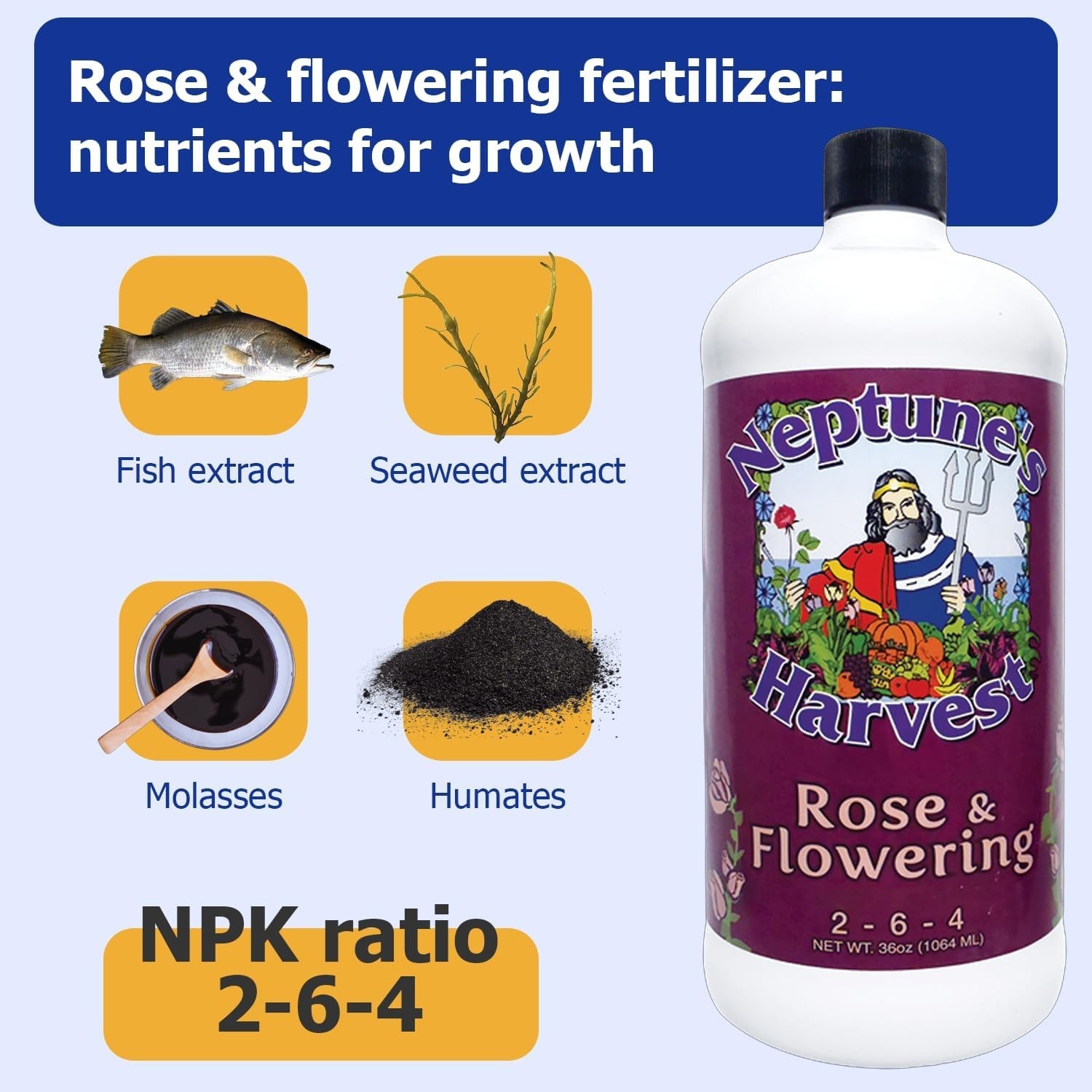 Rose & Flowering Fertilizer 2-6-4 – 36oz Bottle – Organic Liquid Food for Vib…