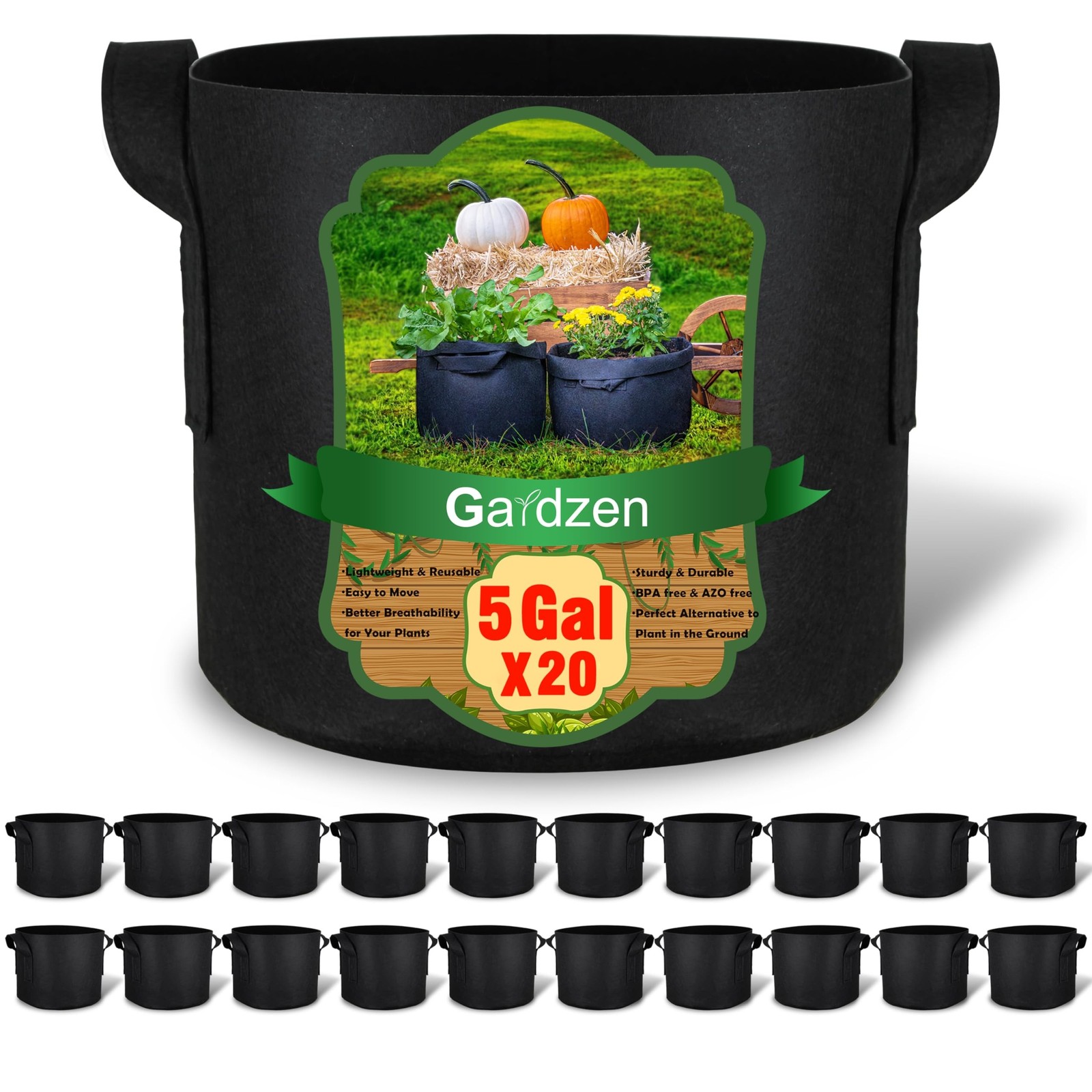 Gardzen 20-Pack 5 Gallon Grow Bags, 300G Thickened Aeration Fabric Pots with …