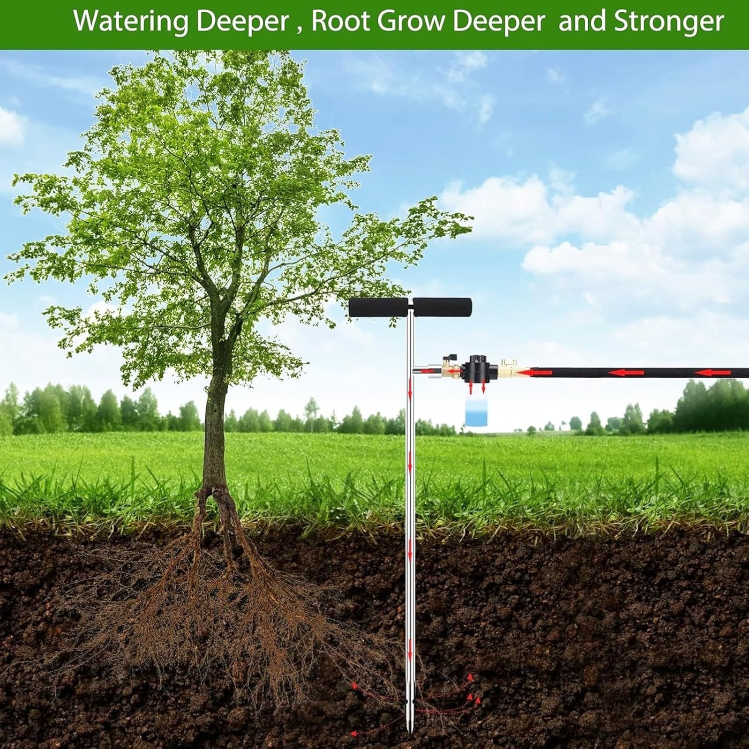 Deep Root Tree Watering Spike with Fertilizer Bottle, Stainless Steel, T-Handle