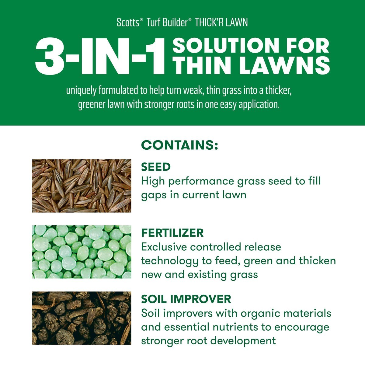 Scotts 3-in-1 Thick’R Lawn Sun & Shade Soil: Soil Improver, Seed, Fertilizer
