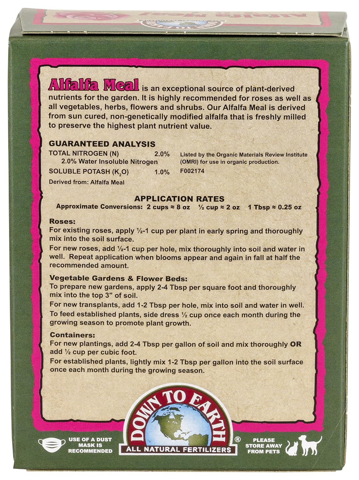 Down To Earth Organic Alfalfa Meal Fertilizer Mix 2-0-1, 0.5 Lb
