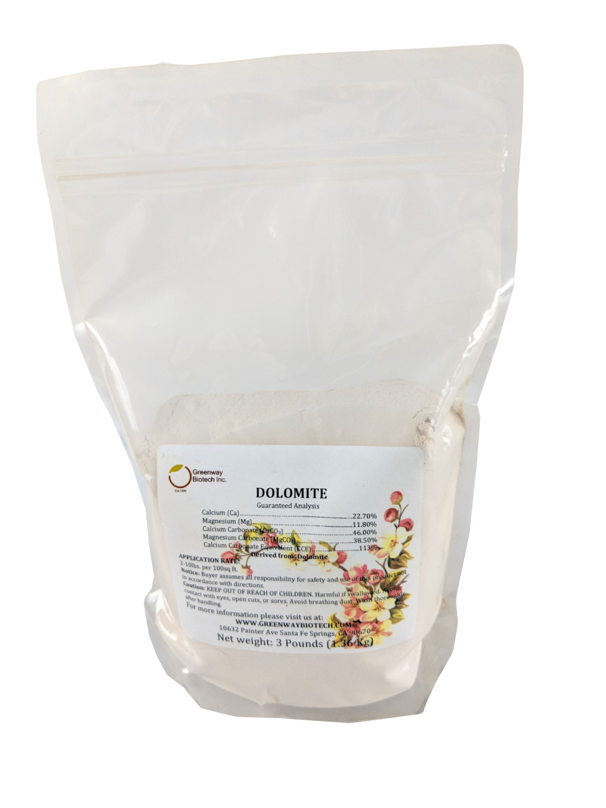 Dolomite Lime Powder 11.8% Magnesium and 22.7% Calcium For Worm Bin Garden 3 LB
