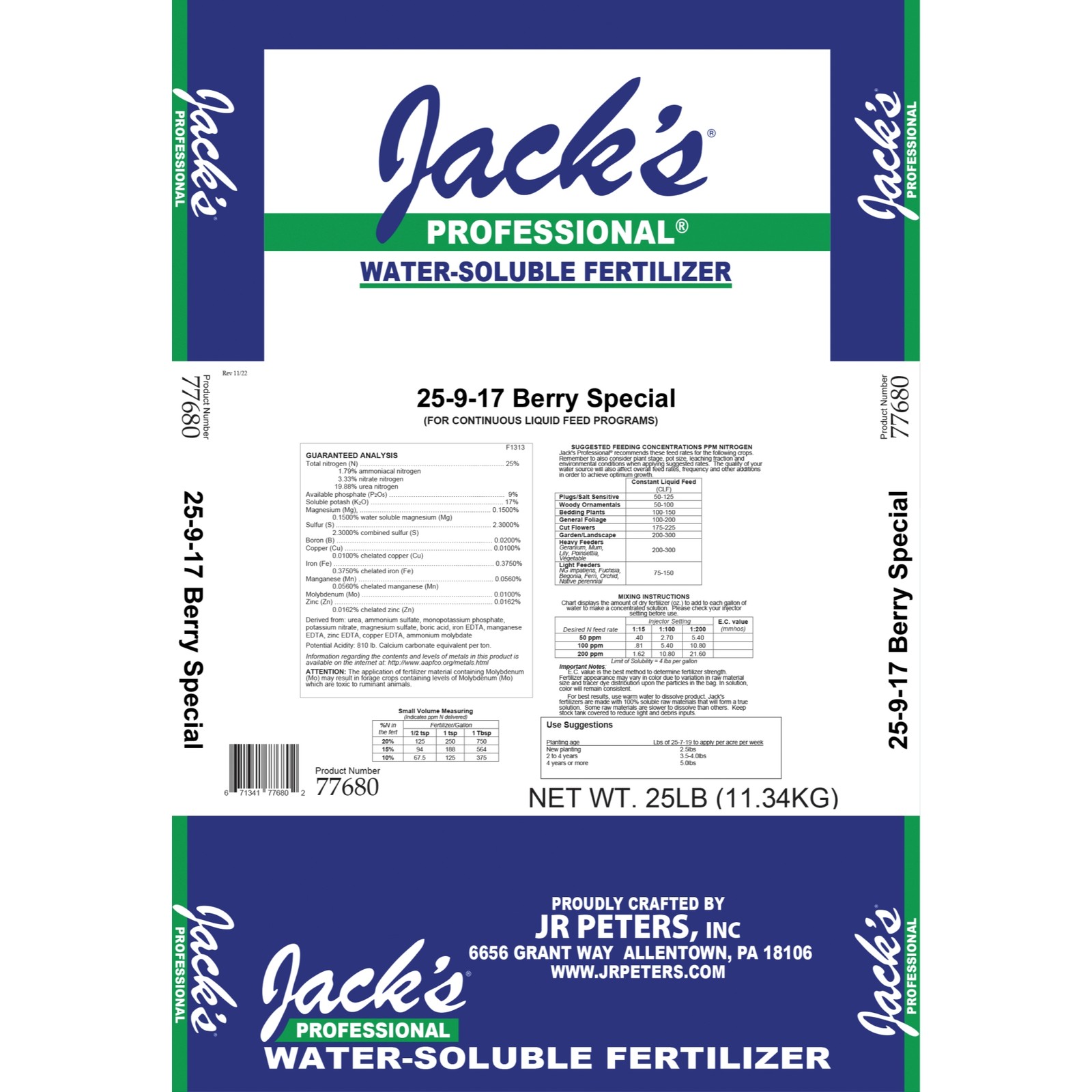 Jack’s Professional 25-9-17 Berry Special Water-Soluble Fertilizer, 25lbs