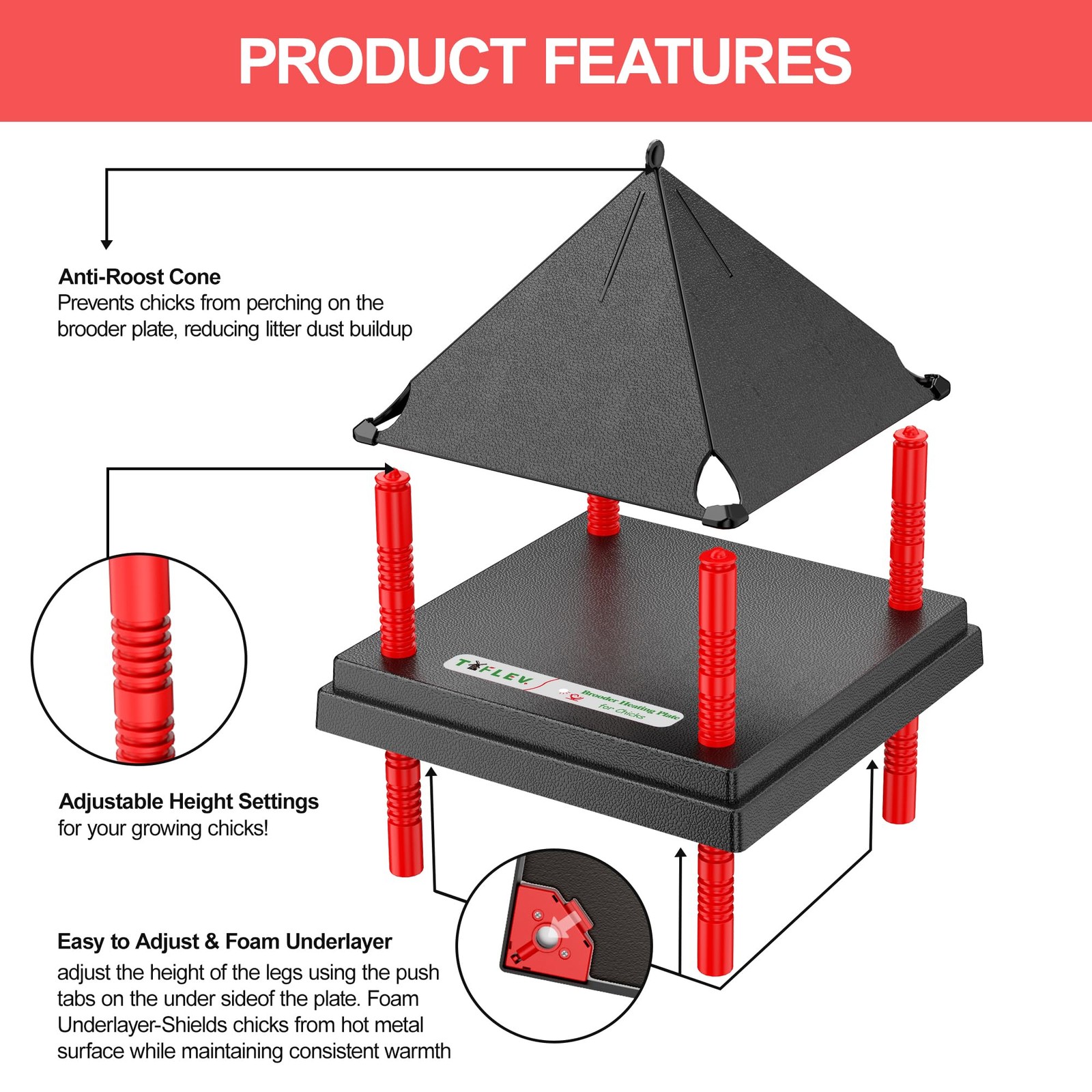 Tiflev Chick Brooder Heating Plate Anti Stand Cone Adjustable Height Brooder