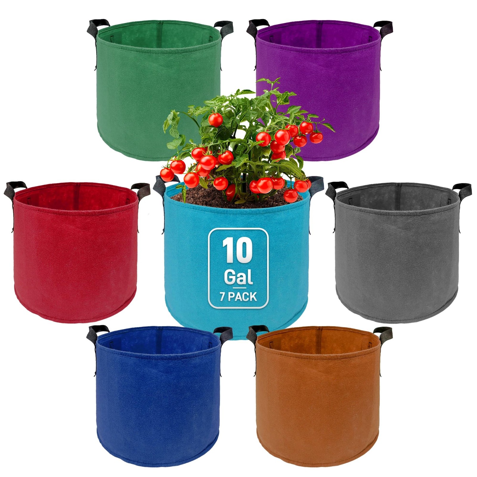 7 Pack 10 Gallon Plant Grow Bags – Mixed 7 Colors with Reinforced Handles & A…