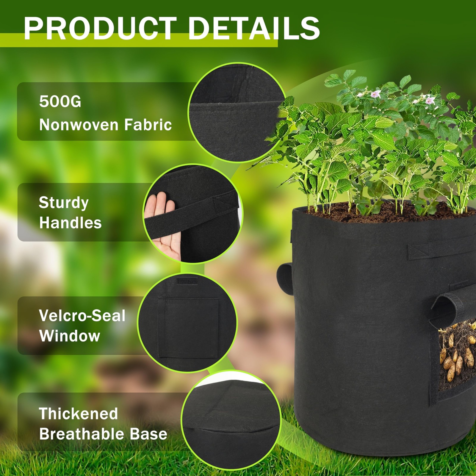 4-Pack 15-Gallon Grow Bags with 2 Flaps and Reinforced Handles,Non-Woven Pota…
