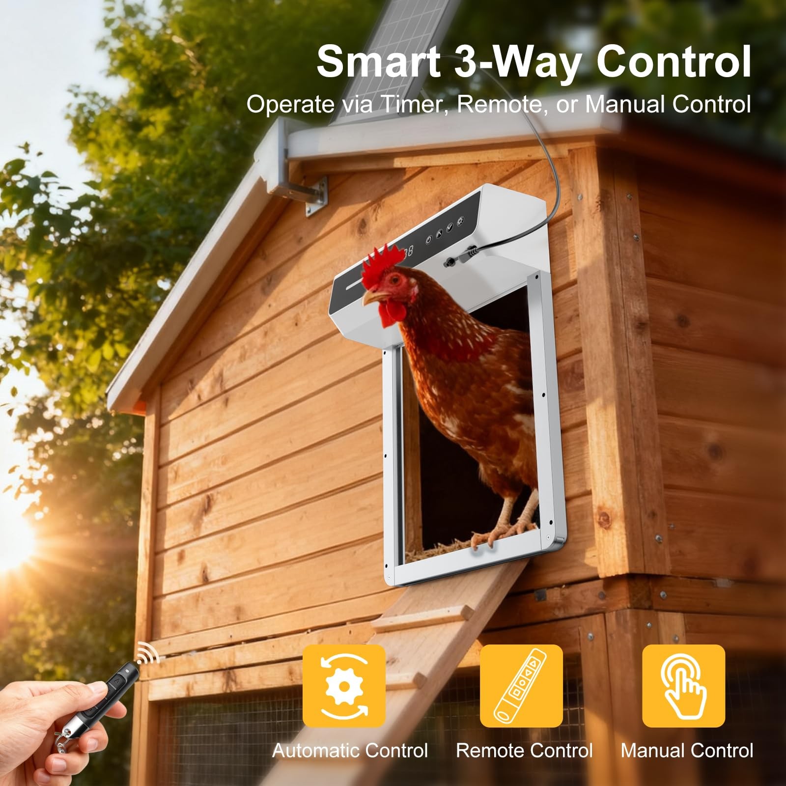 Mowei Automatic Chicken Coop Door Solar Battery Powered Weatherproof Aluminum