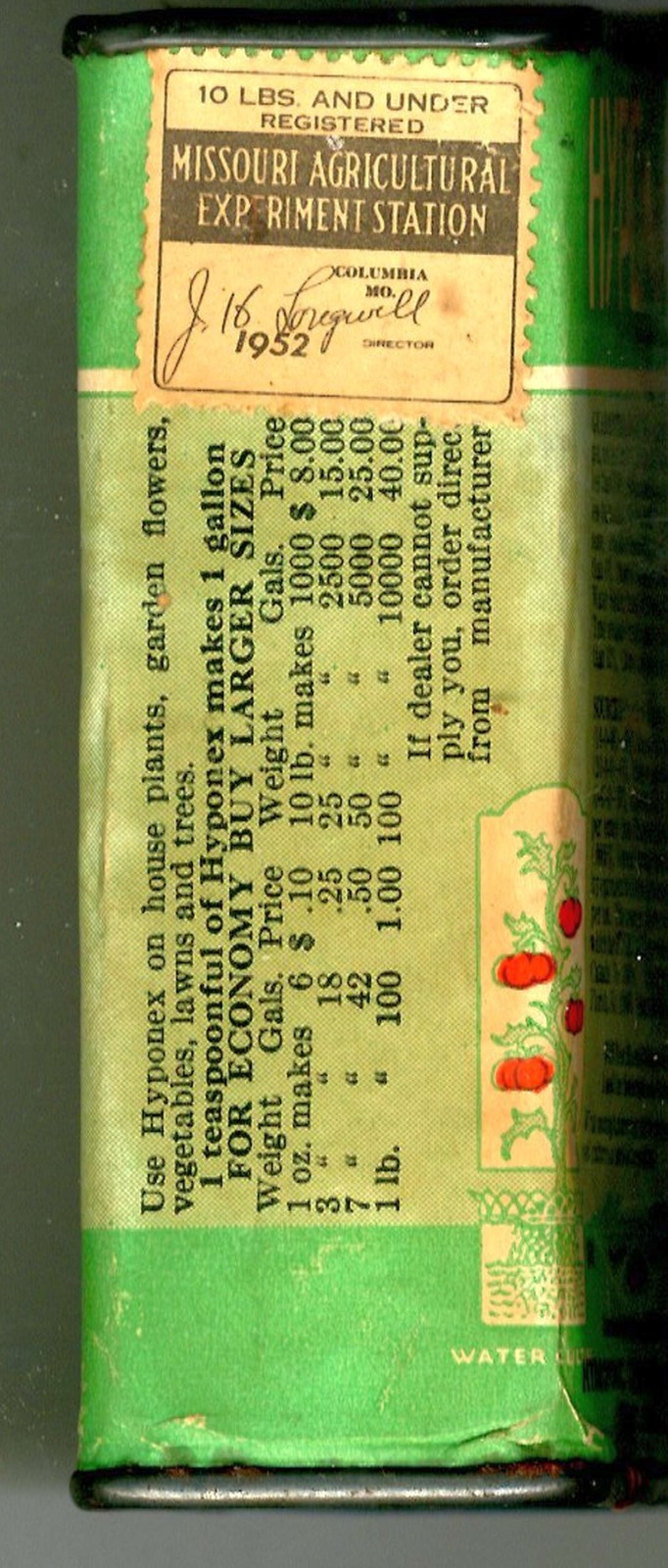 Hyponex Plant Food – Missouri Agricultural Experiment Station Stamp 1952 – Tin