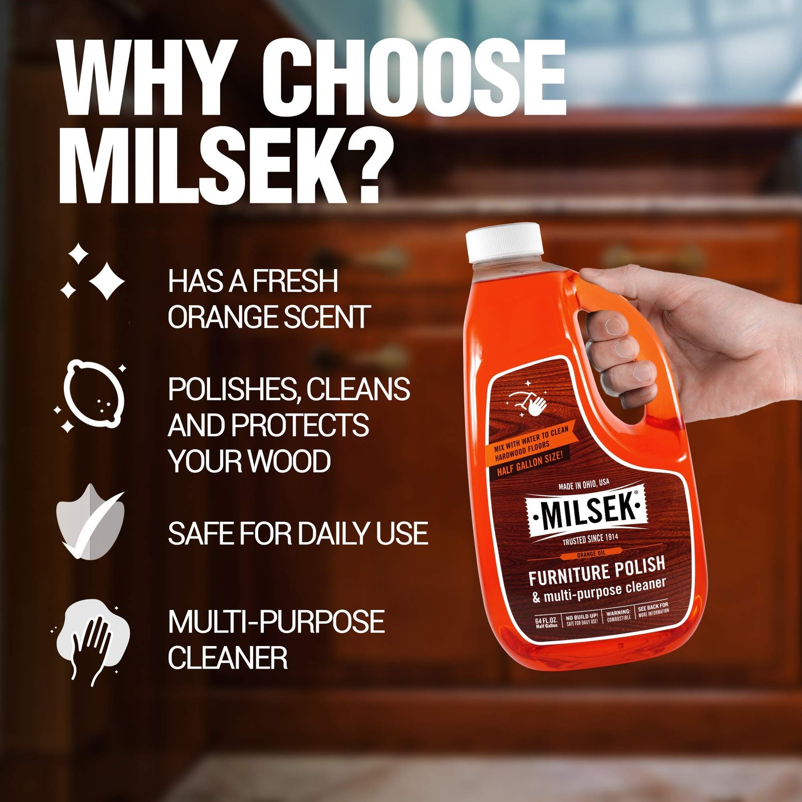 Milsek Furniture Polish and Wood Cleaner with Orange Oil – Multipurpose Clean…