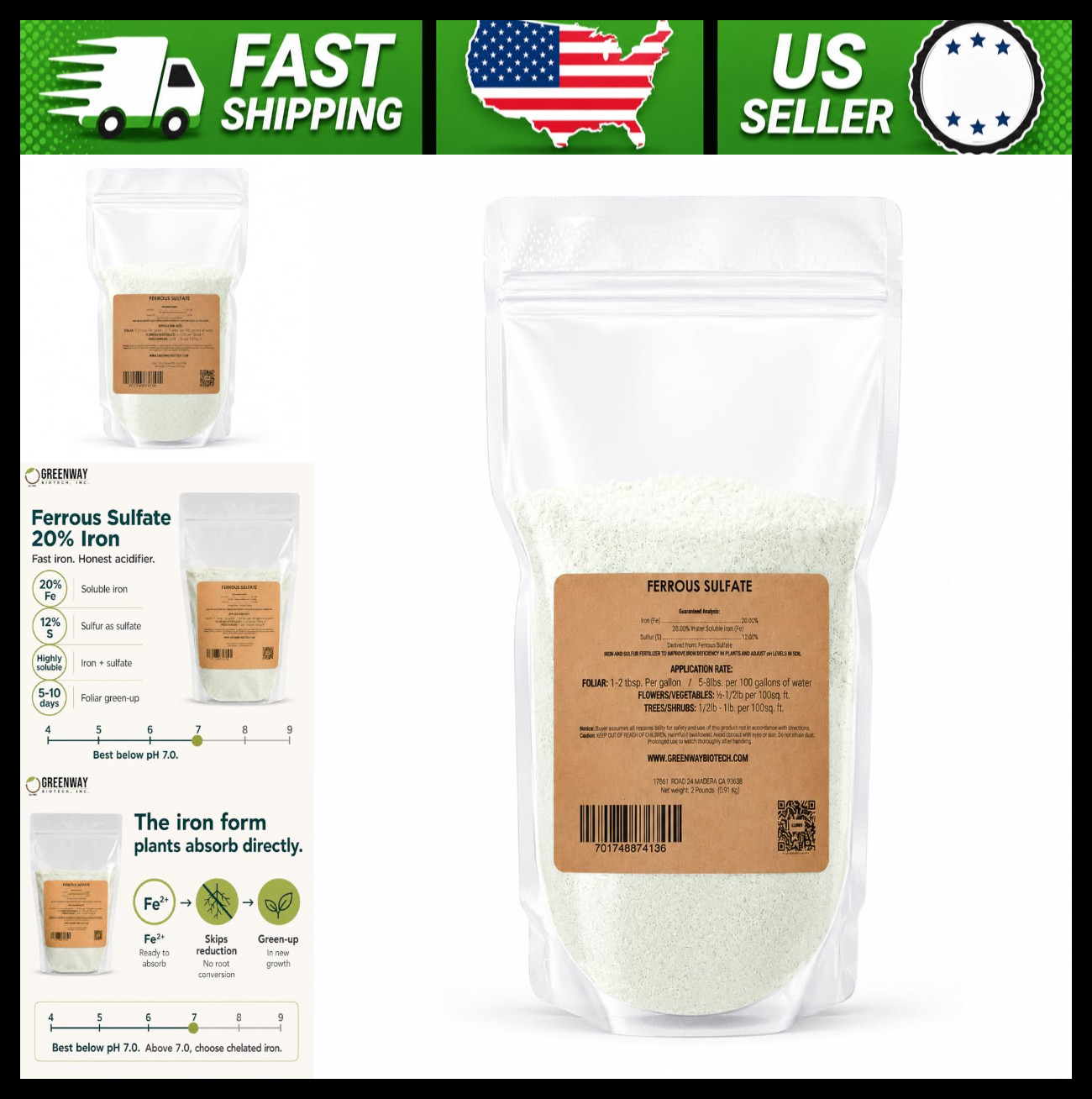 Ferrous Sulfate Heptahydrate Fertilizer 20% Iron 12% Sulfur 2 lb