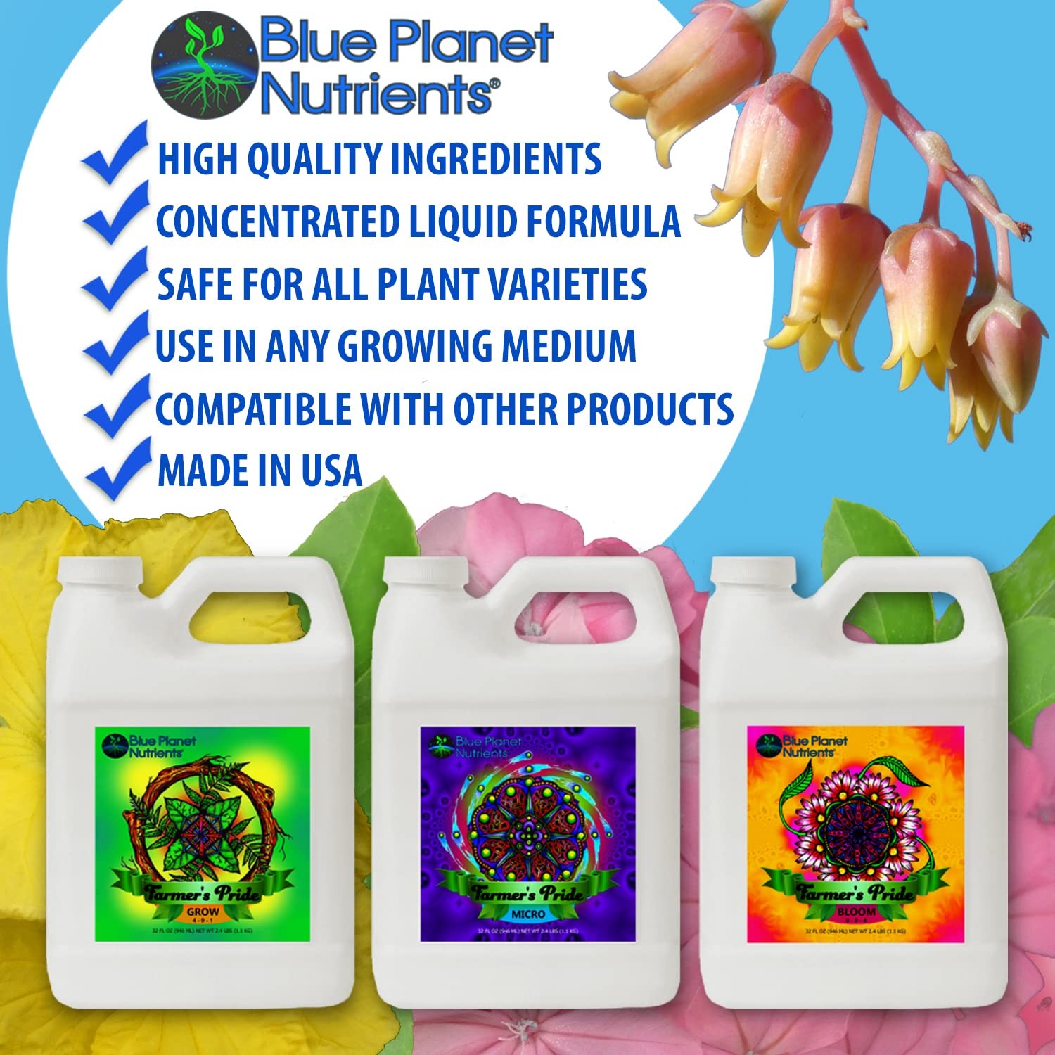 Farmer’s Pride 3-Part Organic Blend Fertilizer Set (32 oz Jugs) Quart | Concentr