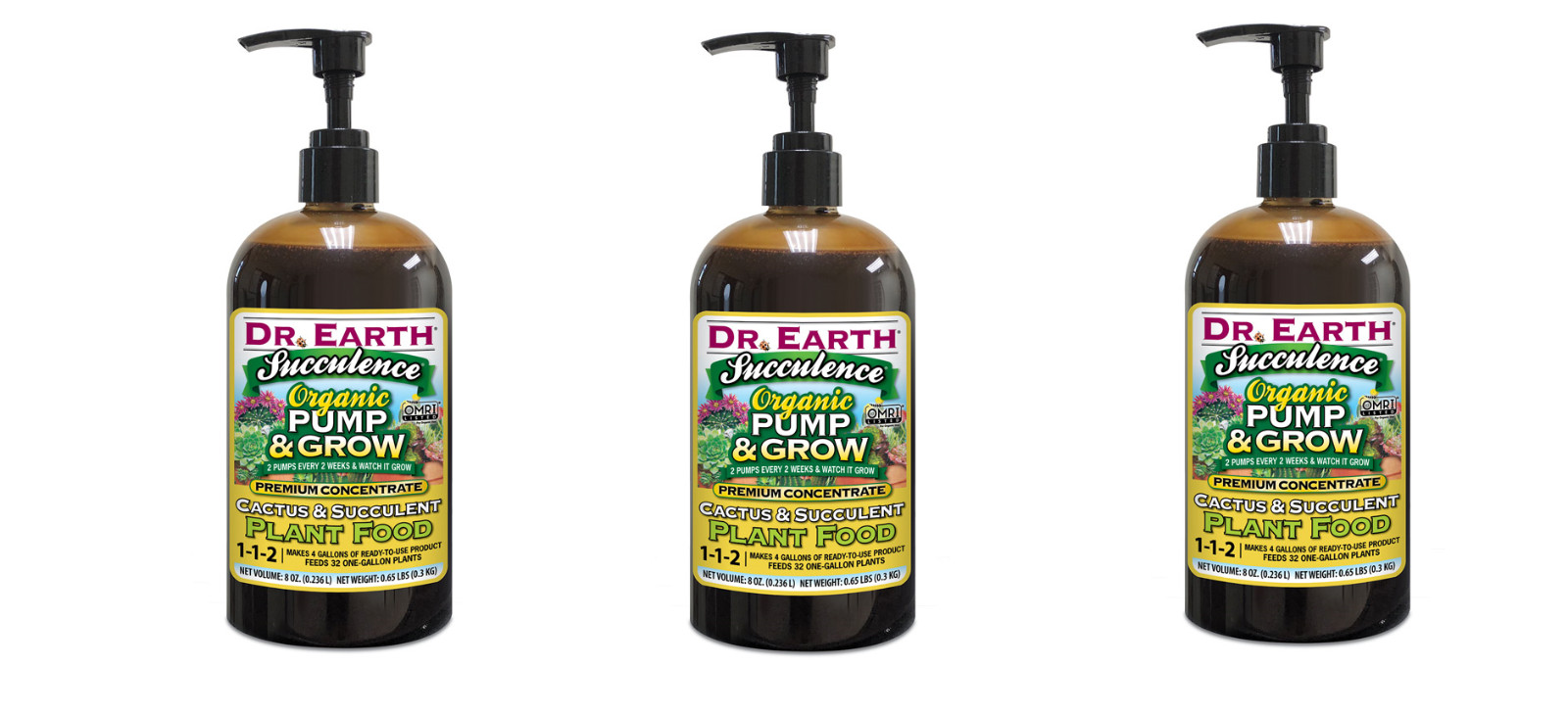 3 Pack Dr. Earth Succulence Pump & Grow Organic 1-1-2 Plant Food 8 oz.