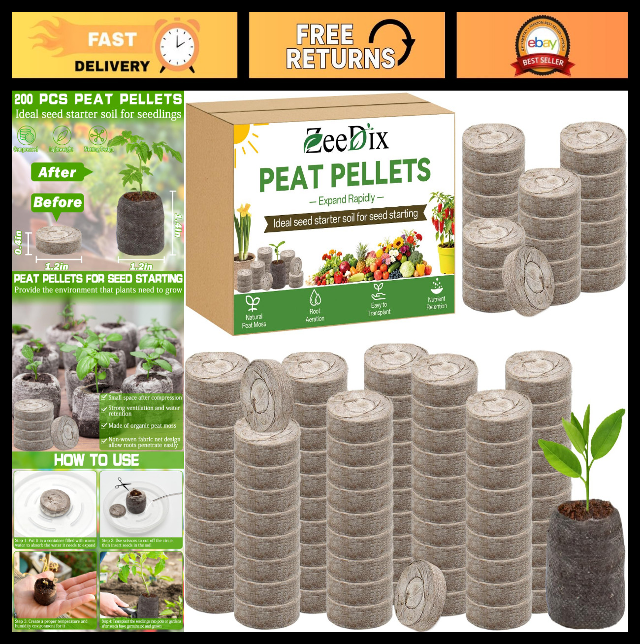 200 Pcs 30mm Peat Pellet Seed Starters – Compressed Soil Pods for Herbs, Flowers