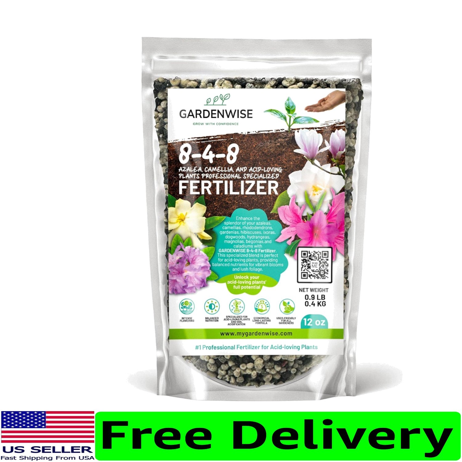 8-4-8 Acidic Fertilizer – Iron-Rich Food for Vibrant Azaleas & Gardenias 12 OZ