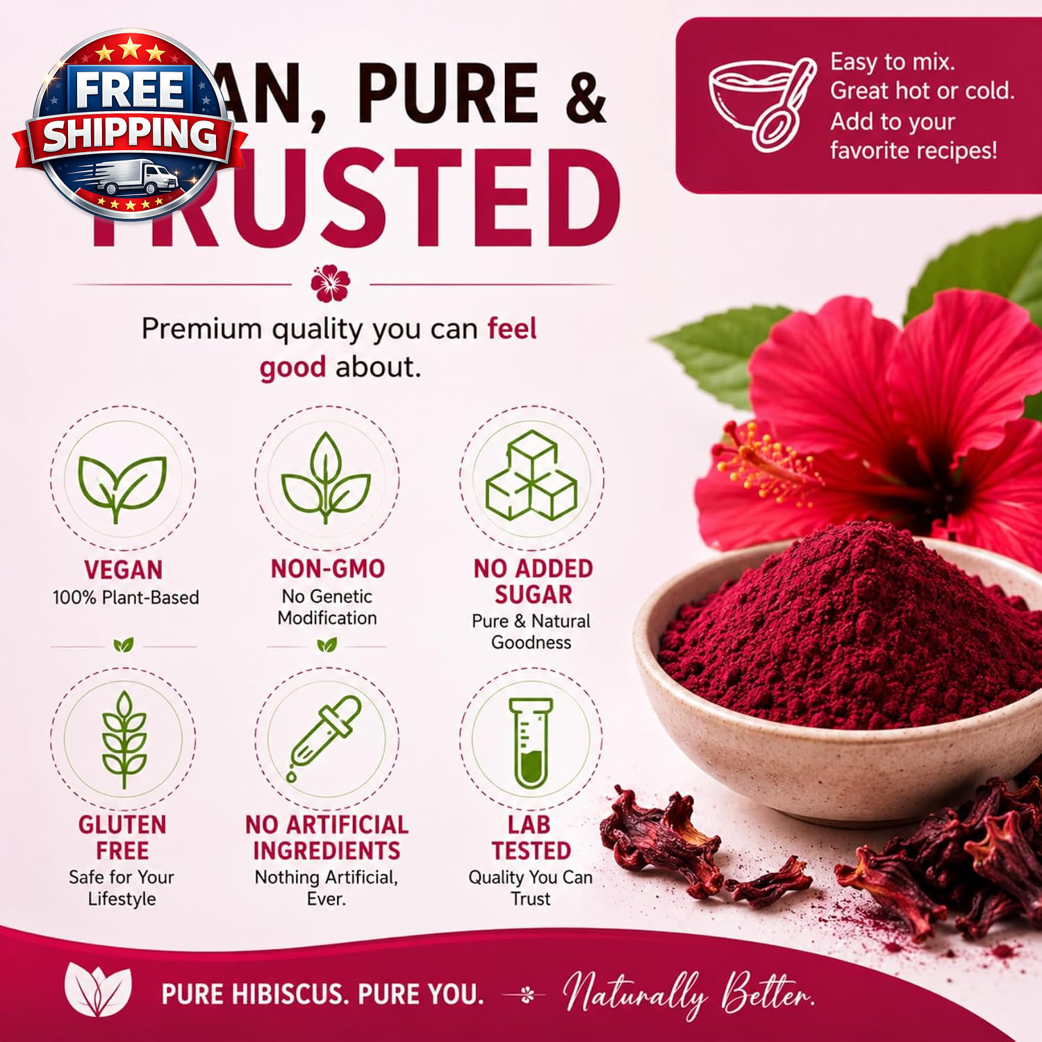100% Pure Hibiscus Powder – Food Grade Freeze-Dried Superfine Hibiscus Flower Po