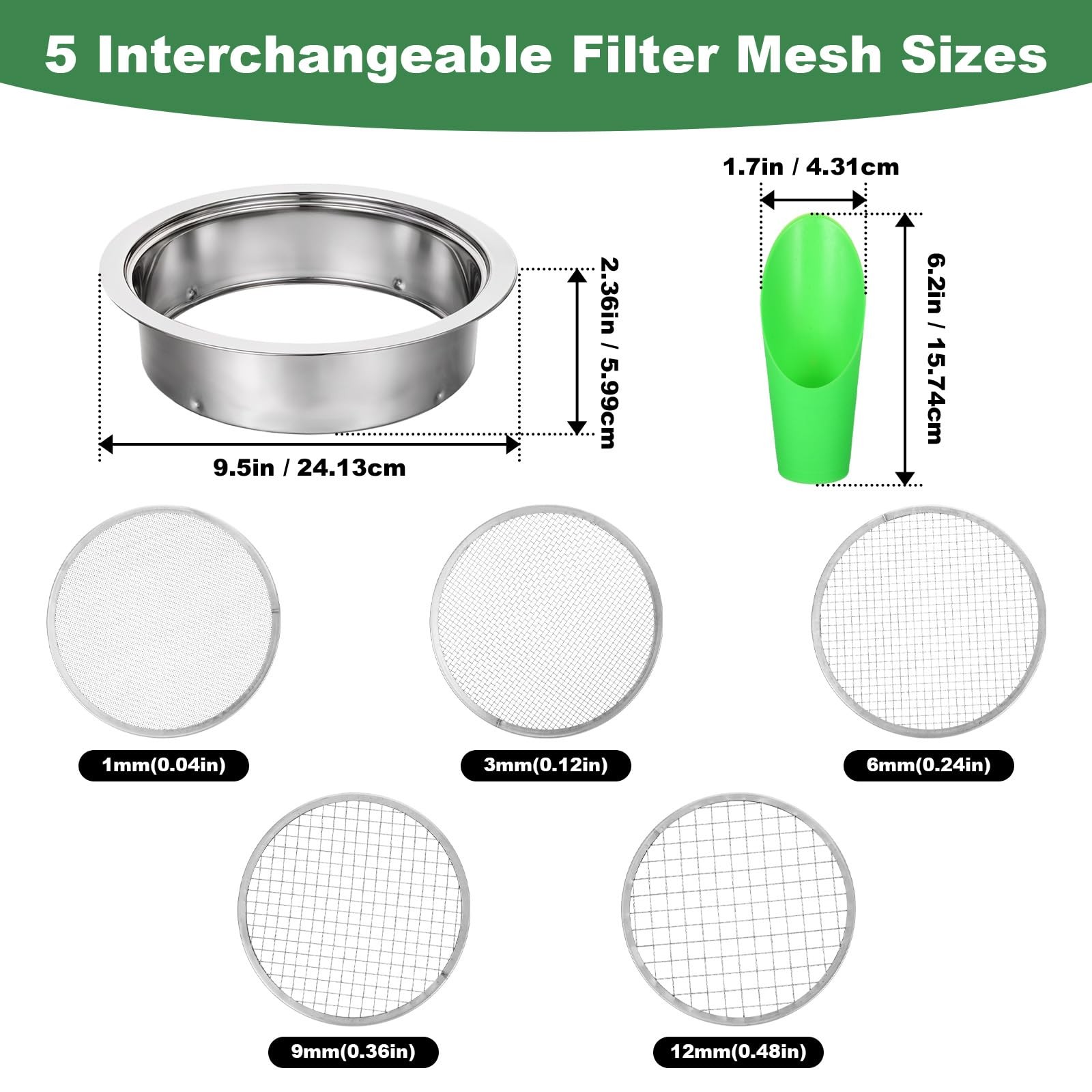 Soil Sieve Set Garden Soils Sifter Stainless Steel 9.5 x 2.36 Inch, SILVER