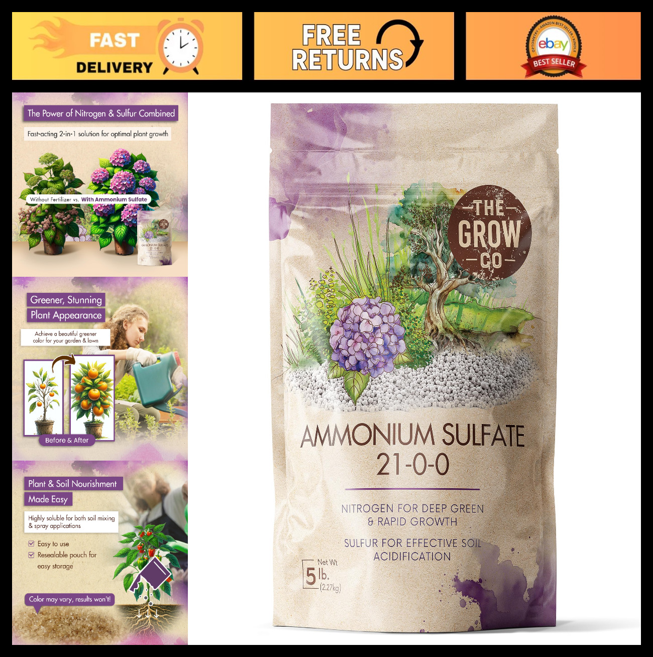 High Nitrogen Ammonium Sulfate Fertilizer 21-0-0 for Rapid Growth & Soil pH 5 lb