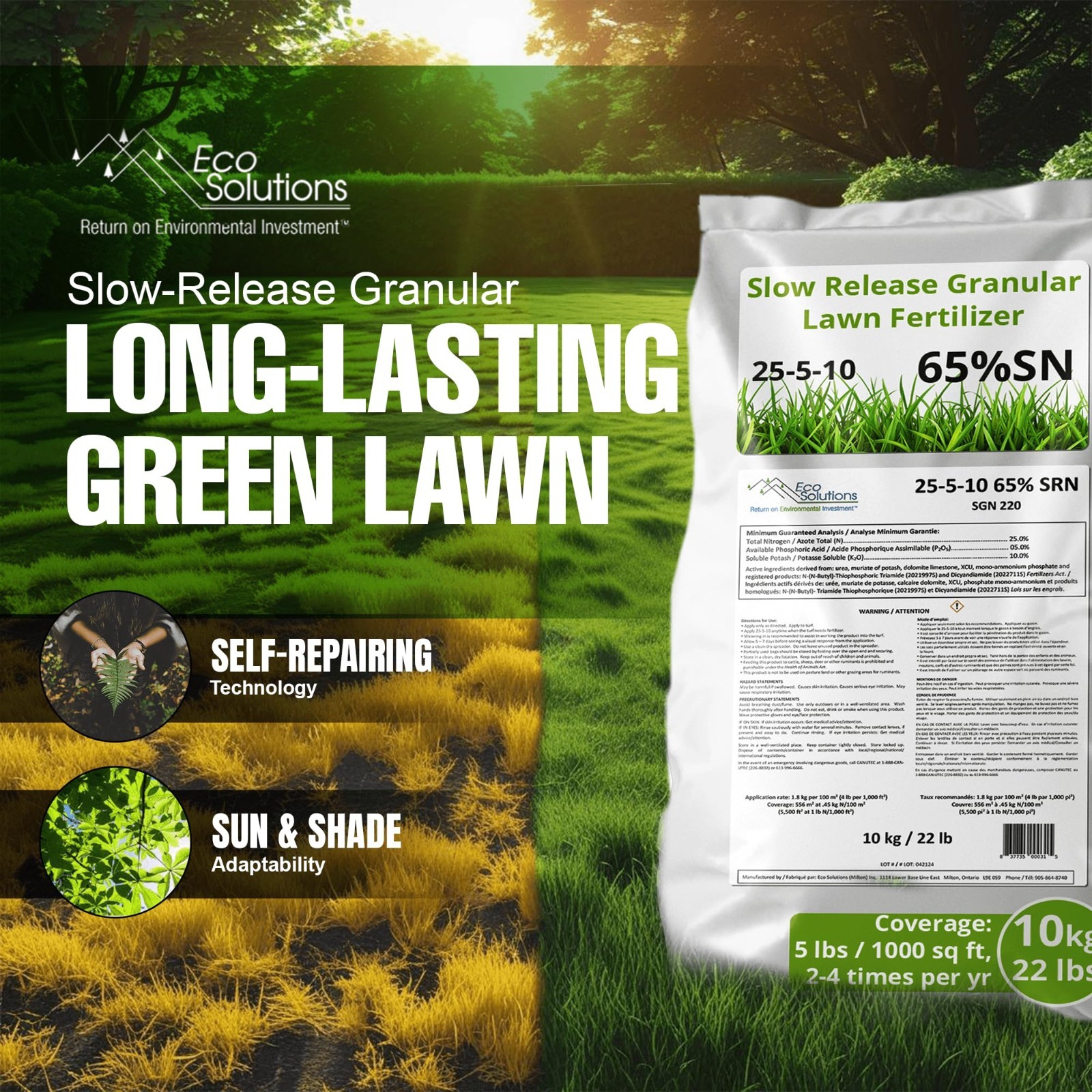 Slow Release Lawn Fertilizer 25-5-10 NPK – 65% Granular Nitrogen for 110 Days –
