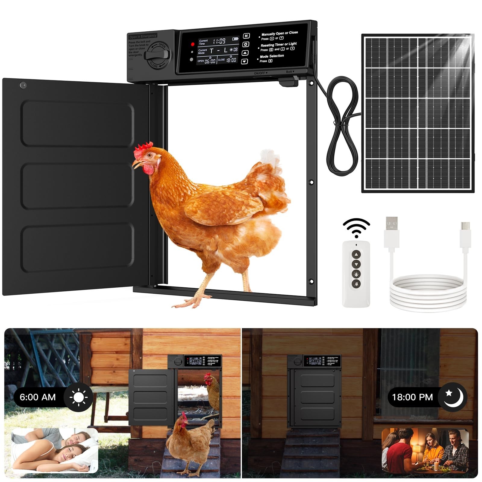 Pet Deluxe Automatic Chicken Coop Door, Large Size Solar Powered Coop Door