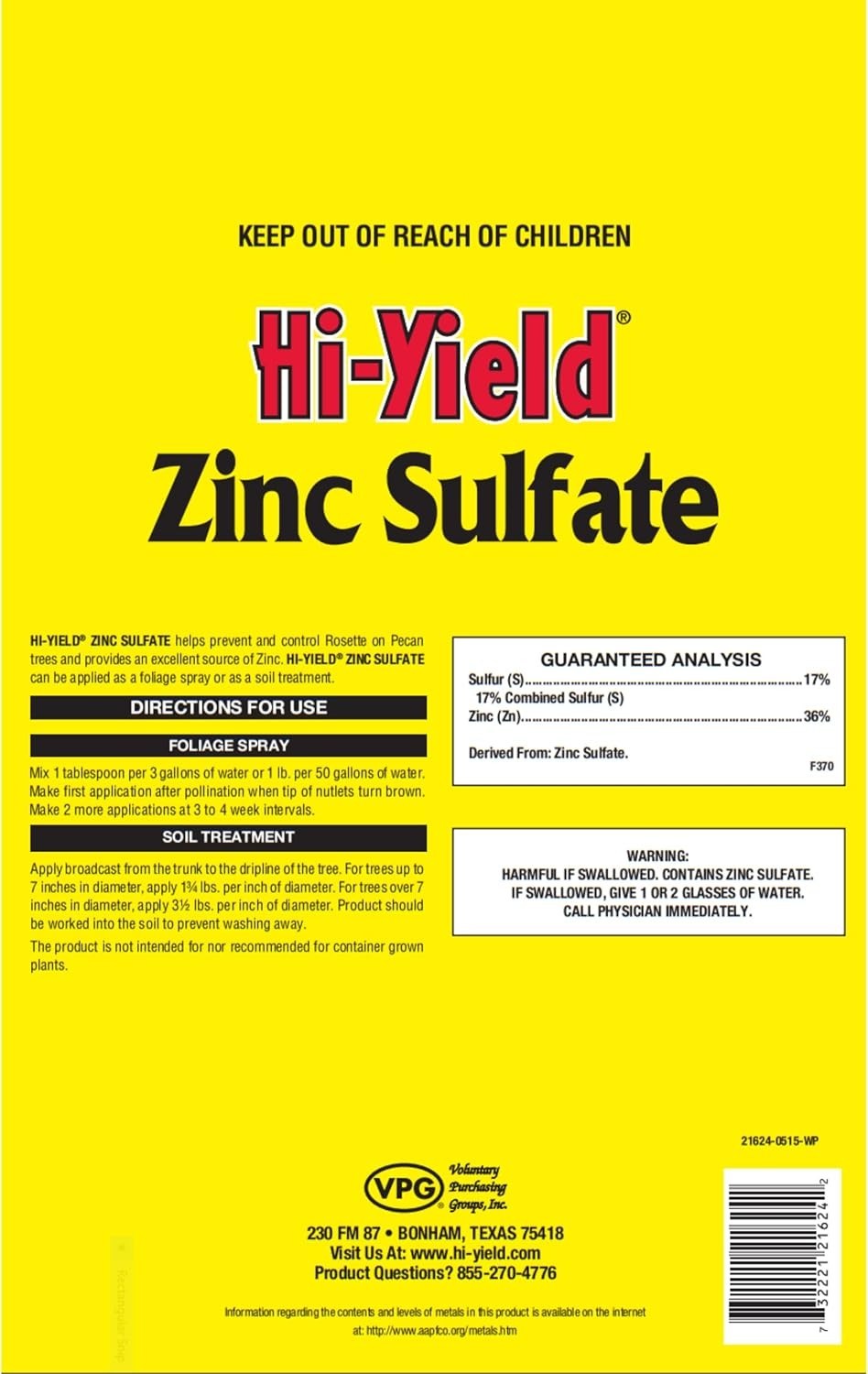 Fertilizer for Pecan Trees 4 lbs Zinc and Sulfur Prevents Rosette Deficiency