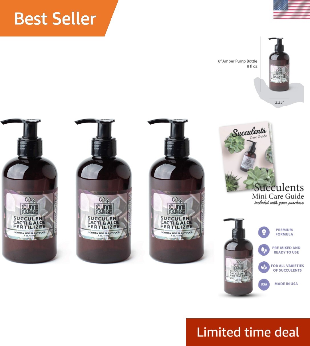 Premium 3-Pack 8 oz Succulent, Cacti & Aloe Plant Food – Locking Dispensing Pump