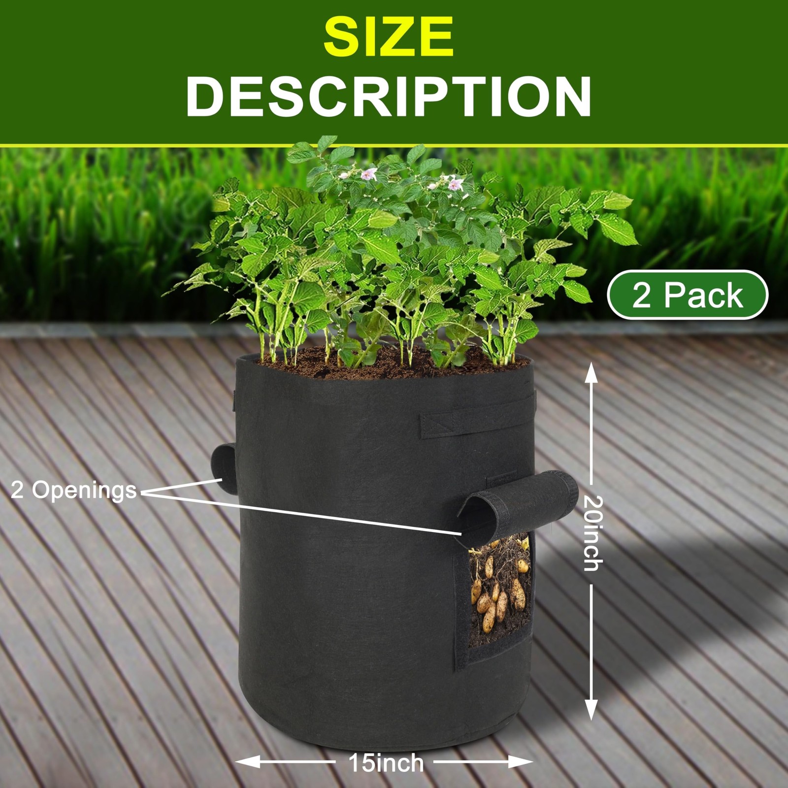 Potato Grow Bags, 2-Pack 15-Gallon Grow Bags with 2 Flaps and Reinforced Hand…