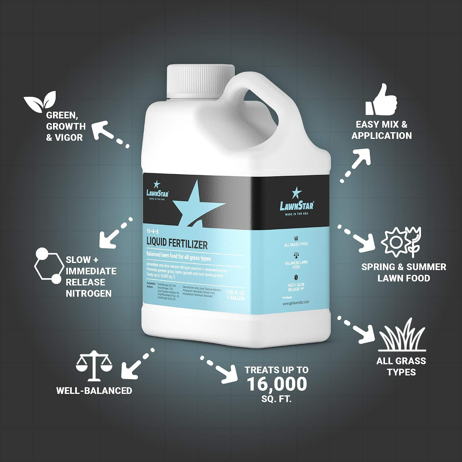 Balanced 16-4-8 Nutrient Liquid Fertilizer (1 Gallon) – Premium Lawn Food, NPK w