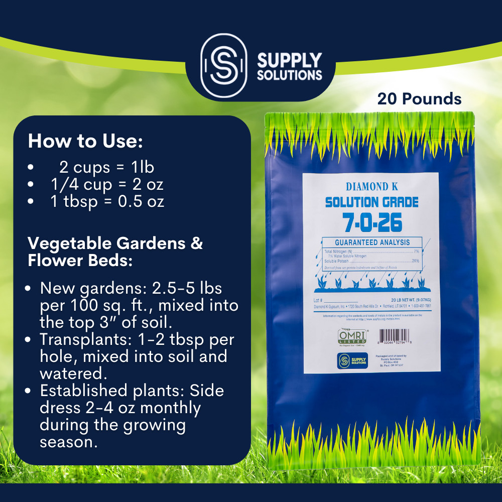 7-0-26 Organic Fertilizer Derived from Soy Protein Hydrolysate & Potash – 20 Lbs