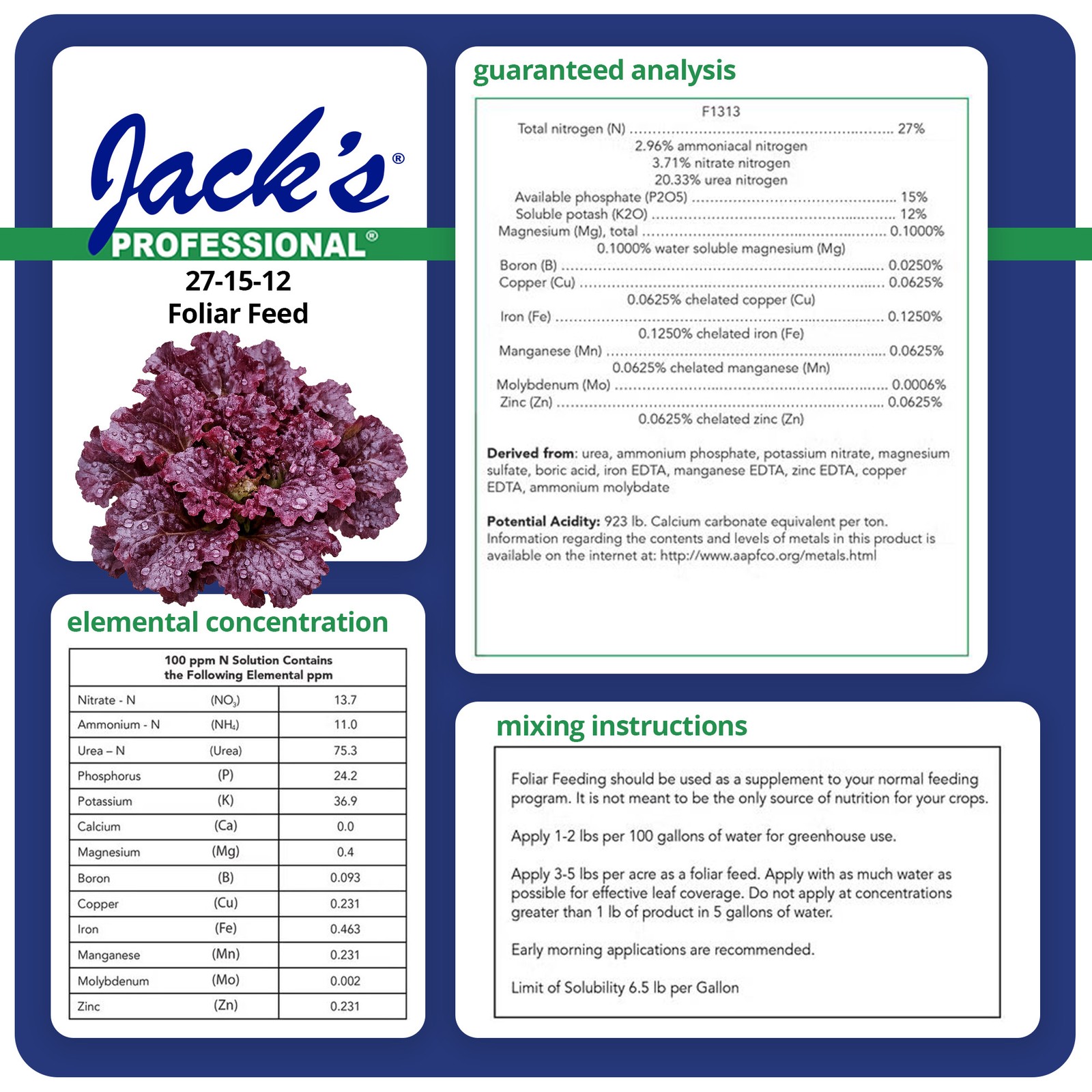 Jack’s Professional 27-15-12 Foliar Feed Water-Soluble Fertilizer, 25lbs