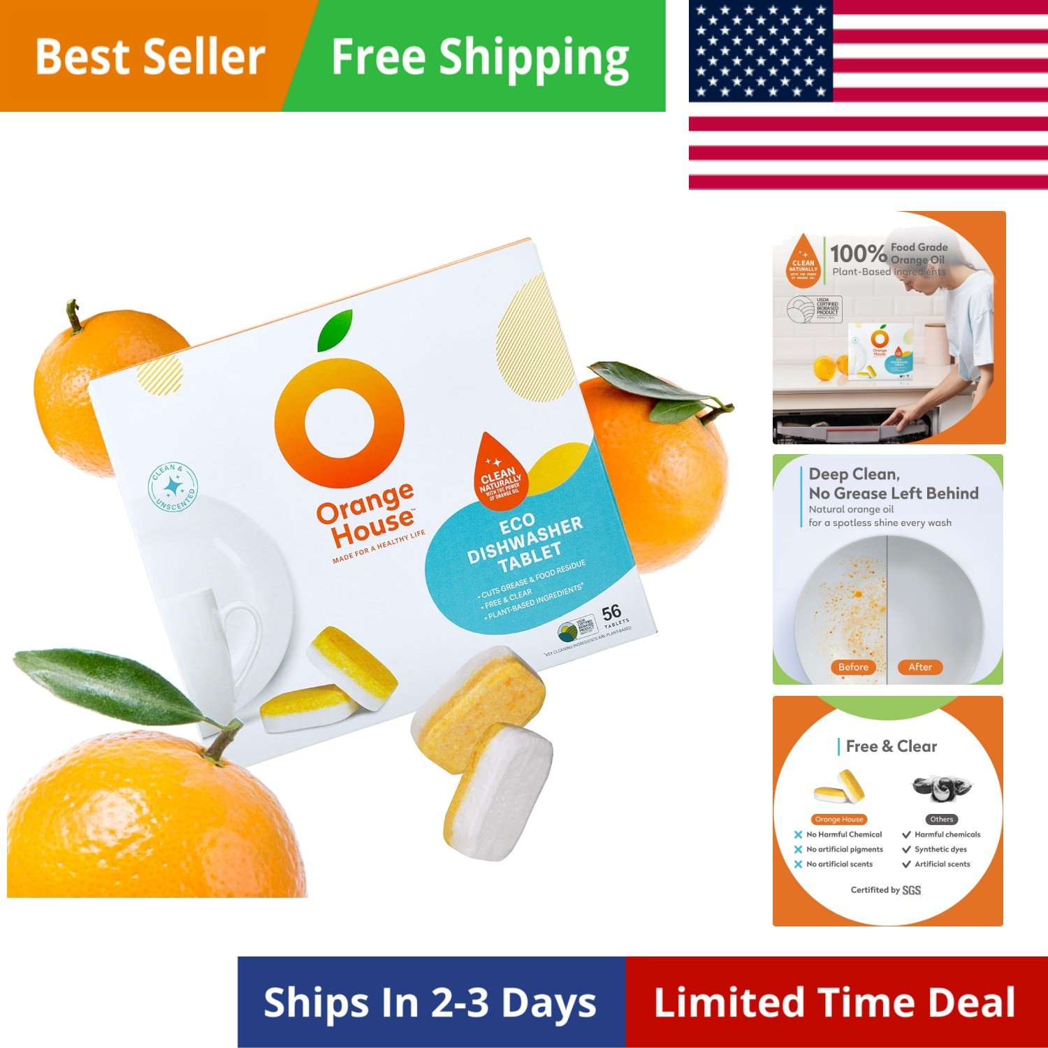 Plant Based Dishwasher Tabs 56 Count | 100% Food Grade Orange Oil, Deep Clean…
