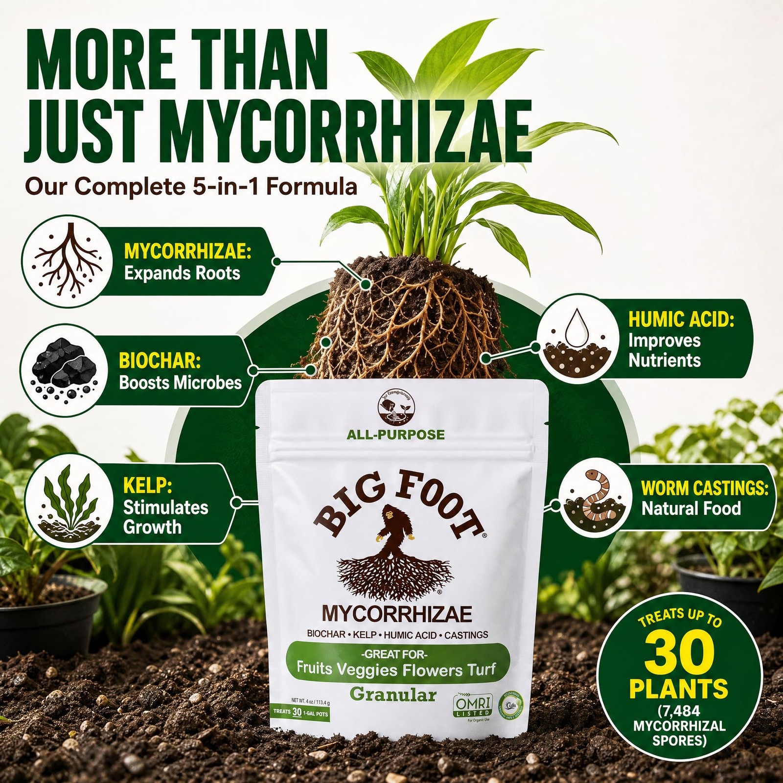 Big Foot Mycorrhizae – Double Your Plant Size, Easy to Use, Made in USA, Treats