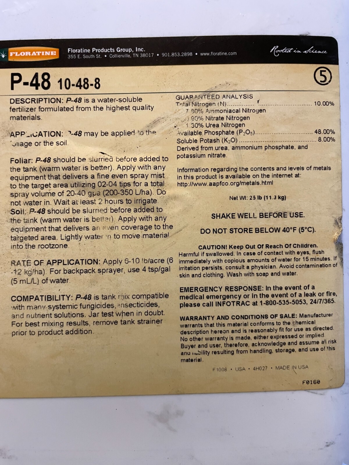 Floratine P-48 10-48-8 25 POUND PAIL