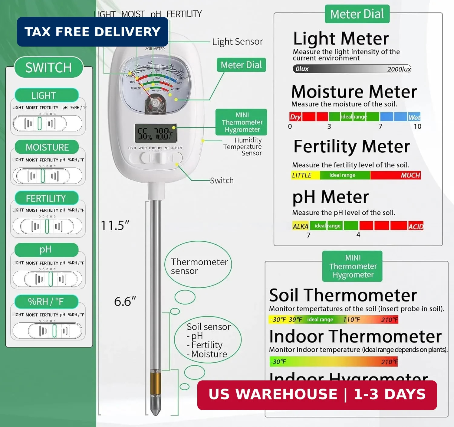 Soil Test Kit 7-in-1 PH Moisture Temp Fertility Meter Digital Garden Tool