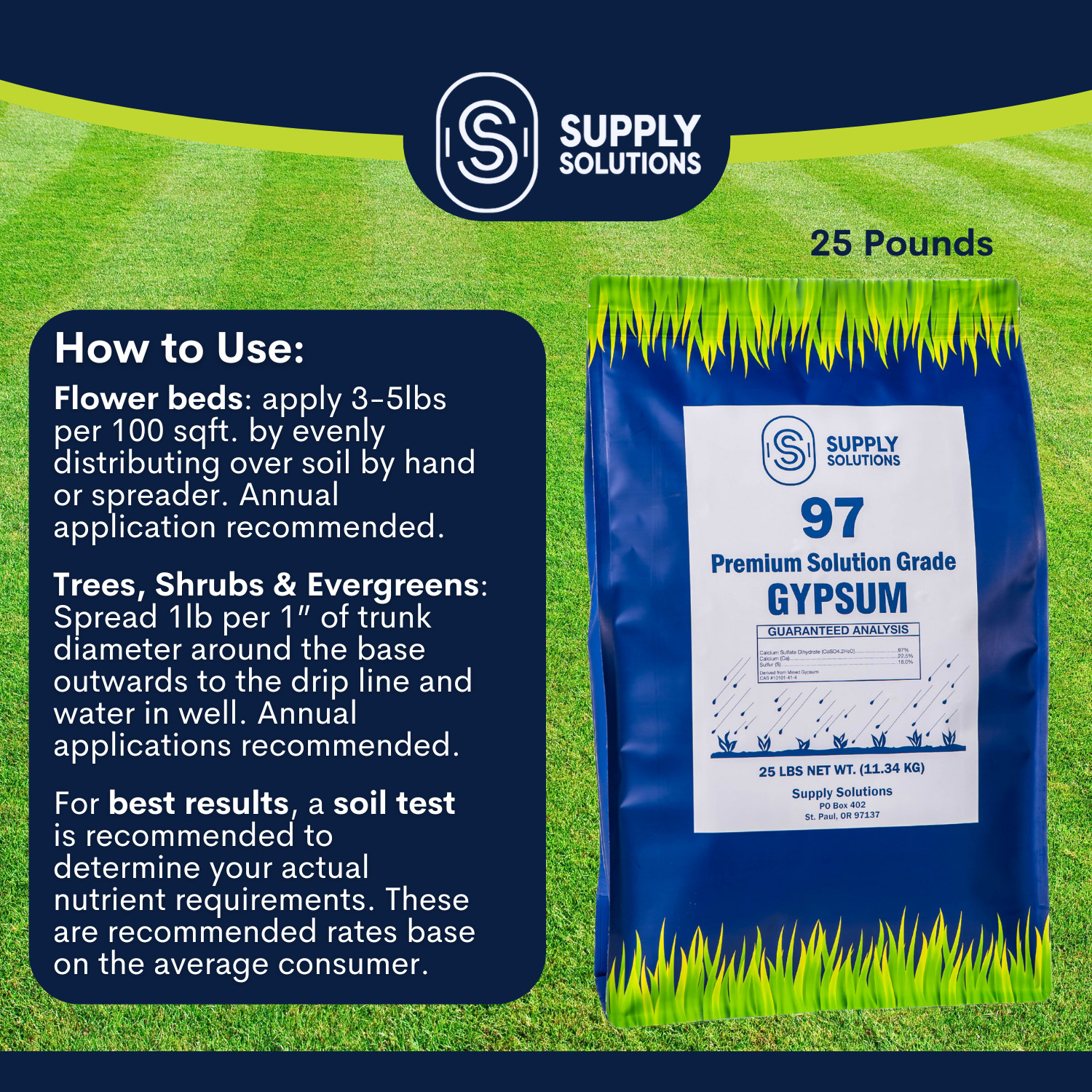 Premium 97 Solution Grade Gypsum – Organic Fast Acting Gypsum for Soil – 25 Lbs
