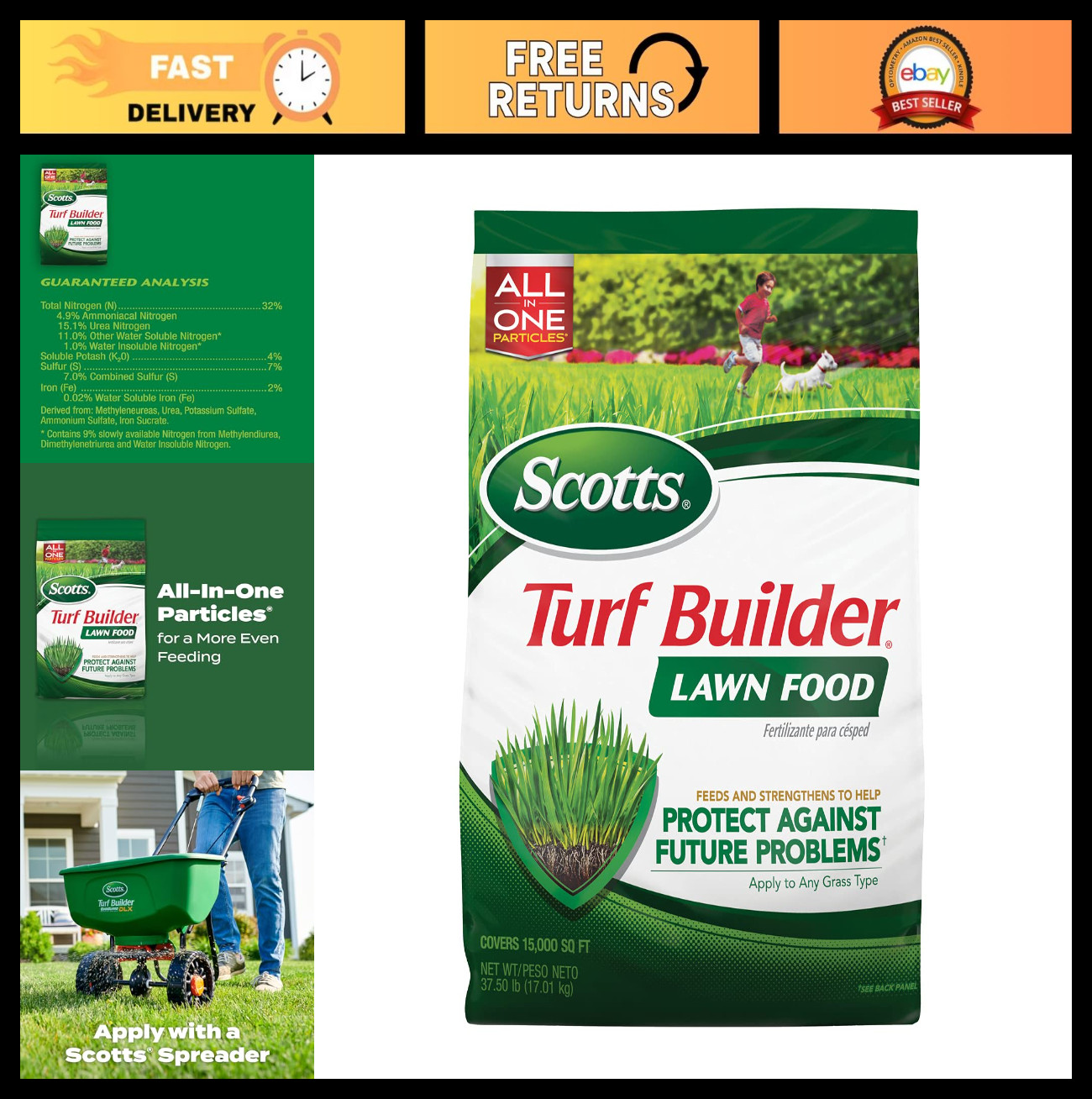 Lawn Fertilizer for All Grass Types – 15,000 sq ft Coverage, 37.5 lbs, Turf Buil