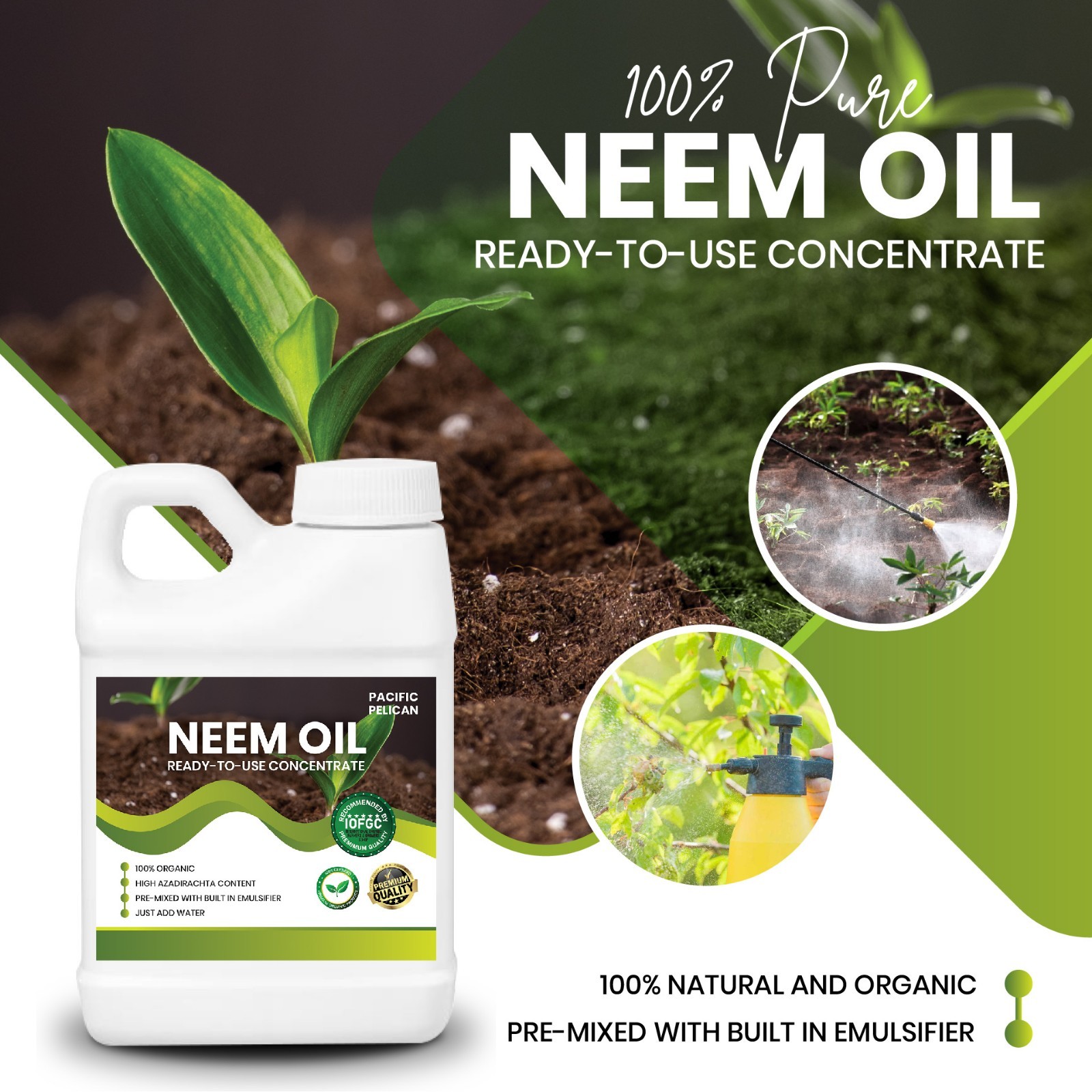 Pacific Pelican Pre-Emulsified Neem Oil Concentrate, Unscented – Ready-to-Use
