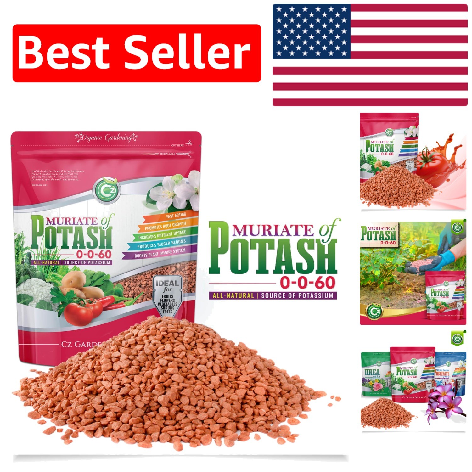 Organic Muriate of Potash for Gardens – High Purity 0-0-60, 5lb Resealable Pack