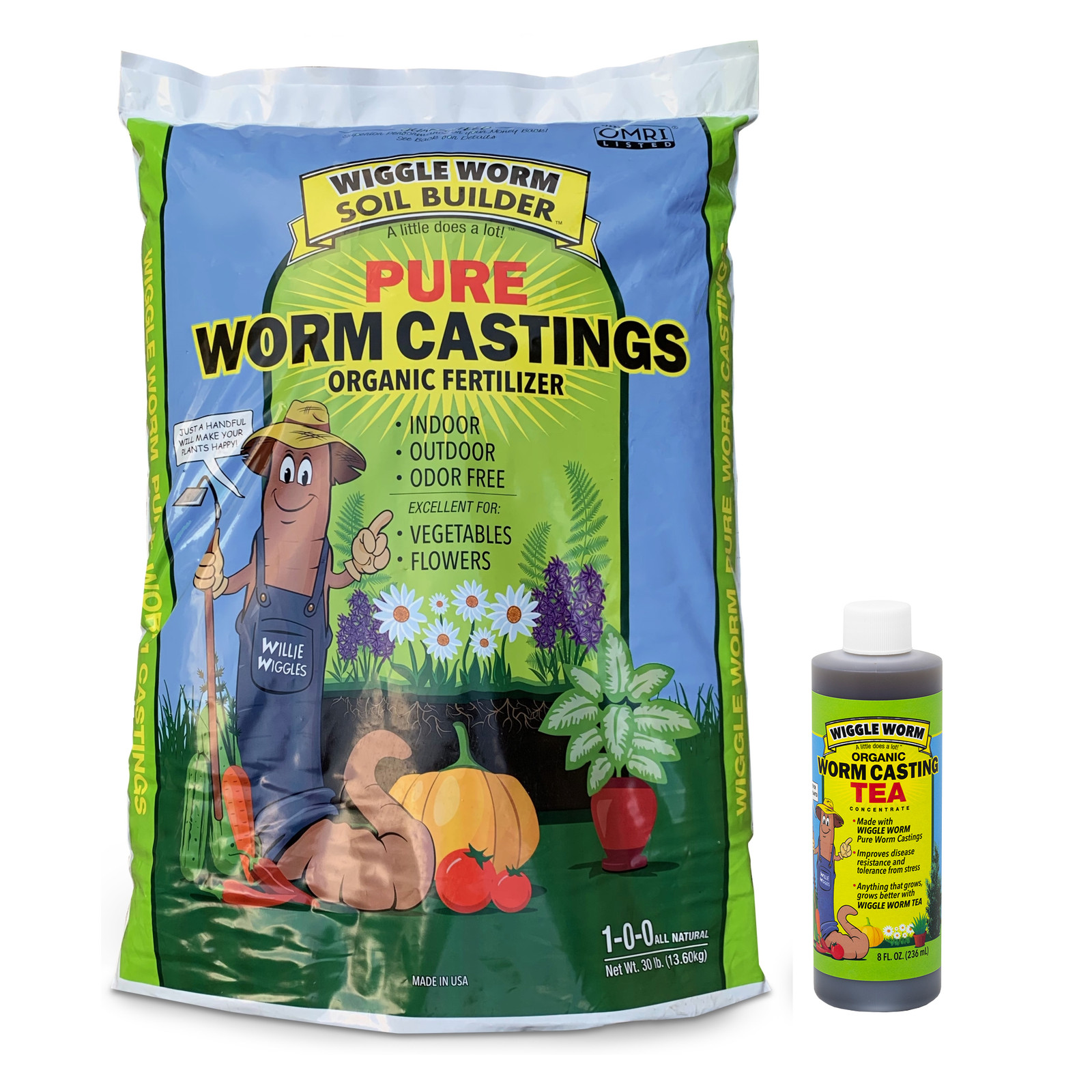 WIGGLE WORM Castings Soil (30-Pound) and WIGGLE WORM Castings Tea, 8 Ounce