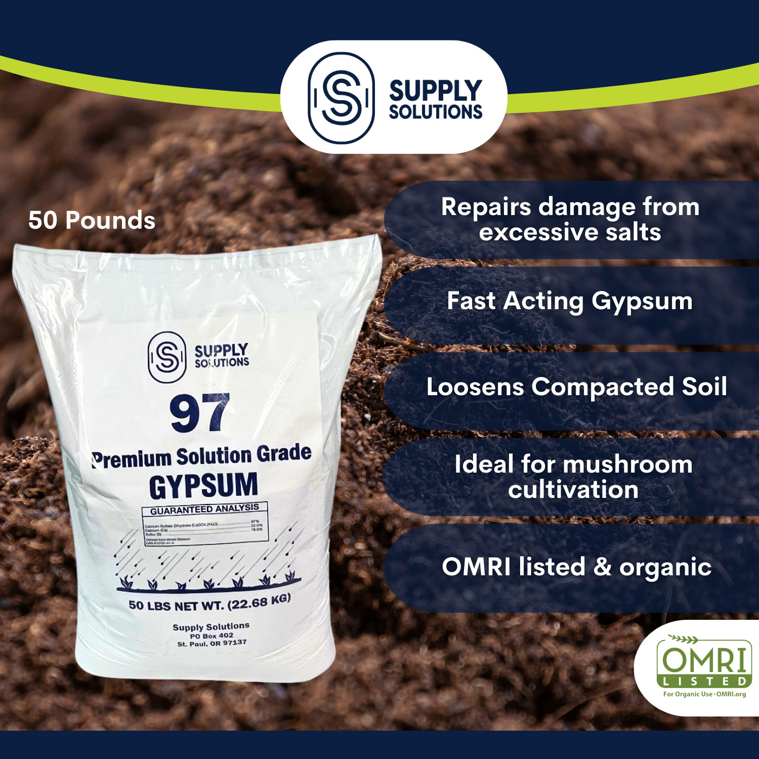 Premium 97 Solution Grade Gypsum – Organic Fast Acting Gypsum for Soil – 50 Lbs
