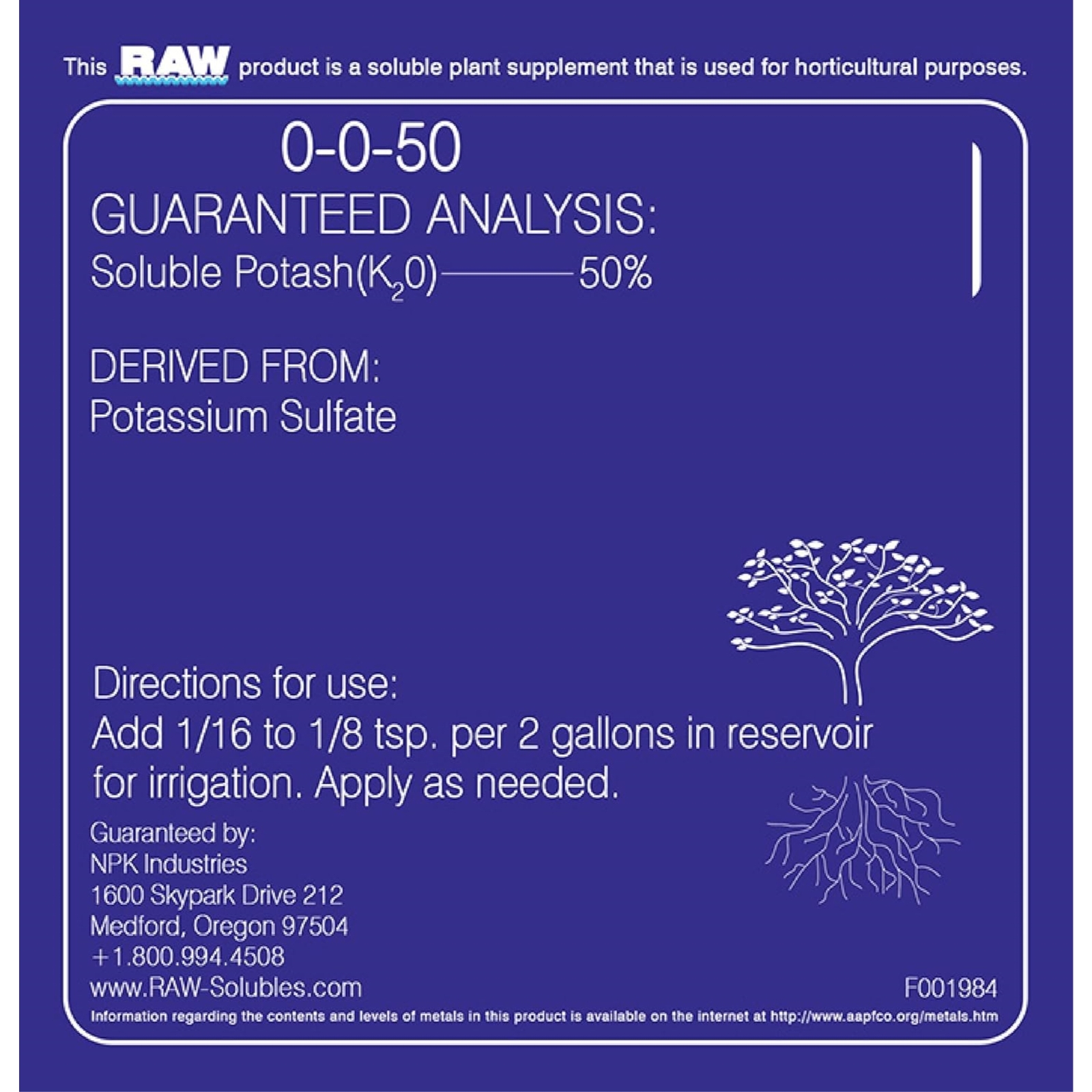 RAW Potassium Power Water-Soluble Fertilizer for Blooms and Fruiting, 2lbs