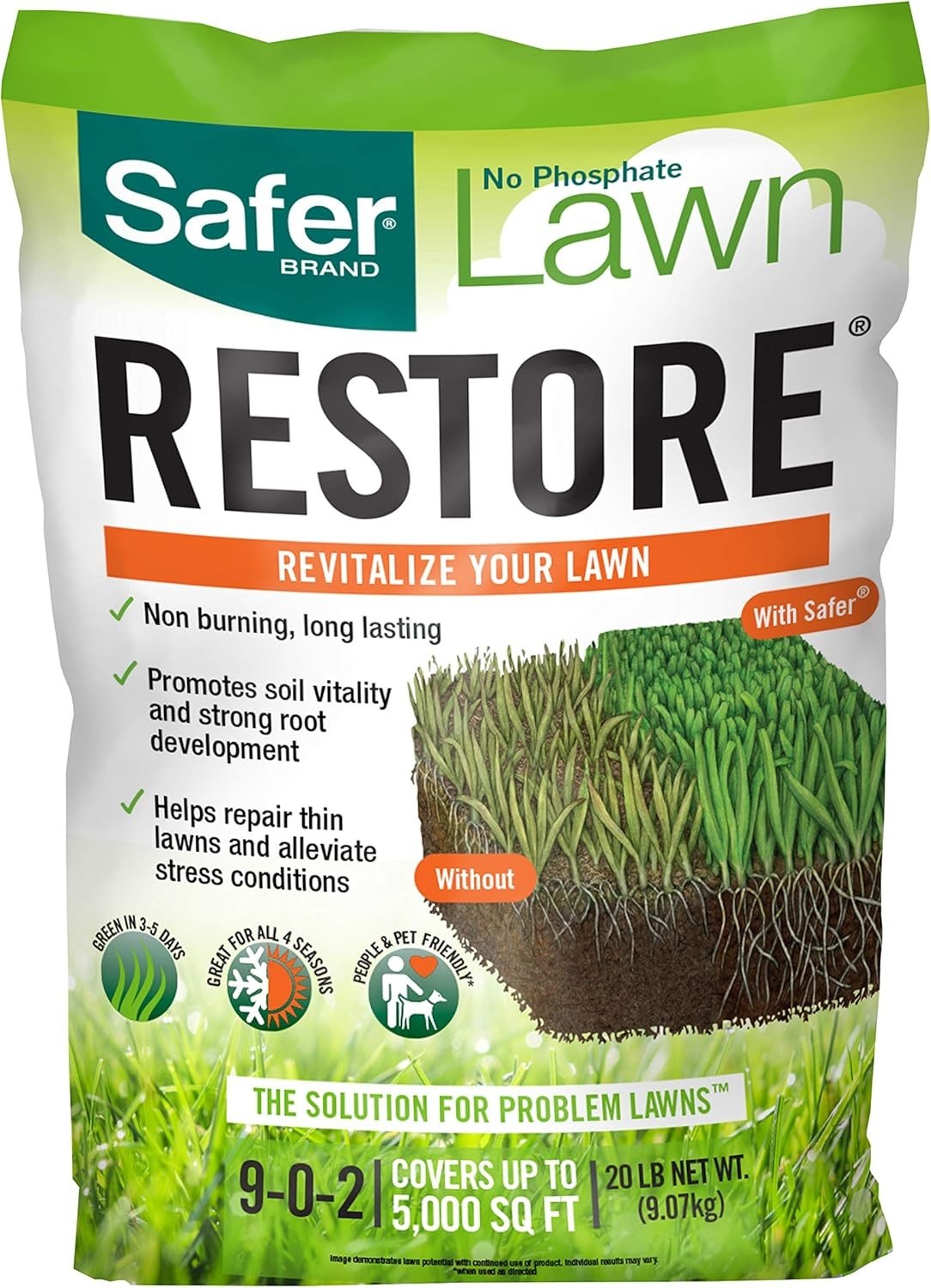 Lawn Restore 20 lb Granular Fertilizer – Safe for Kids & Pets, 9-0-2 NPK Formula