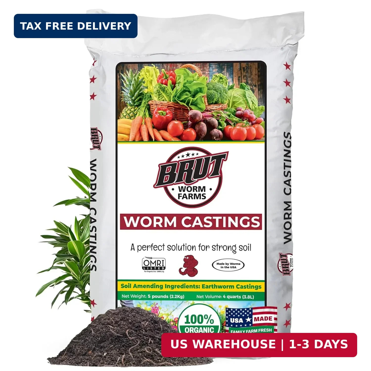 Brut Organic Worm Castings for Plants 5 LB – Natural Nutrients, Fertility Builde