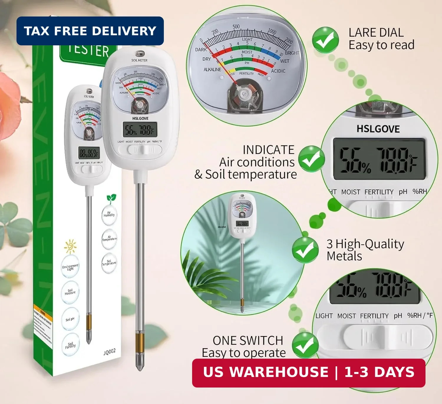 Soil Test Kit 7-in-1 PH Moisture Temp Fertility Meter Digital Garden Tool